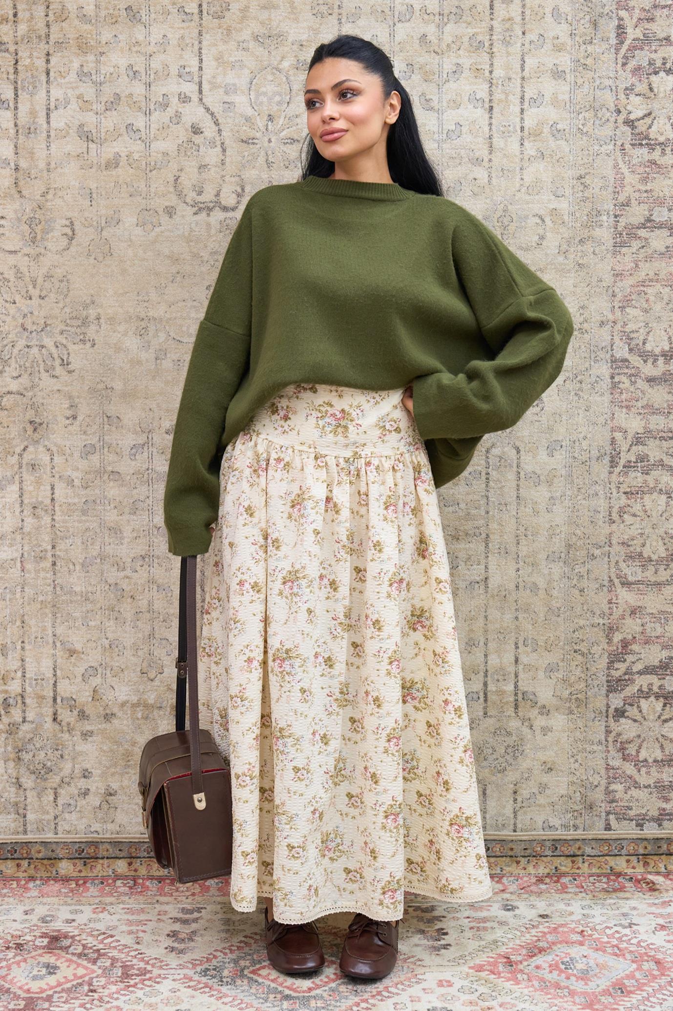 Vintage Krem Çiçekli Dantelli Balon Gofre Etek