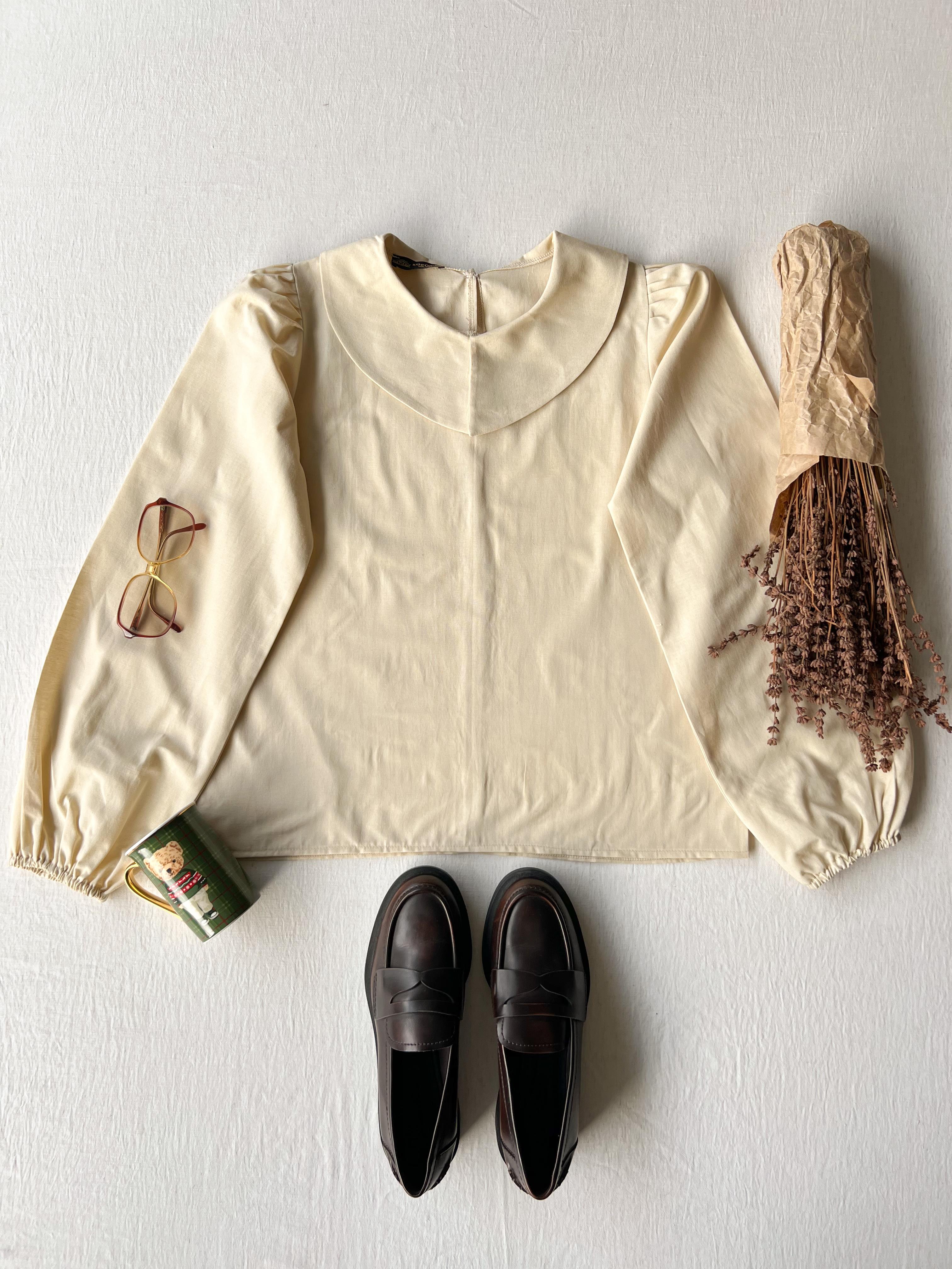 Vintage krem rengi poplin Bebe Yaka bluz