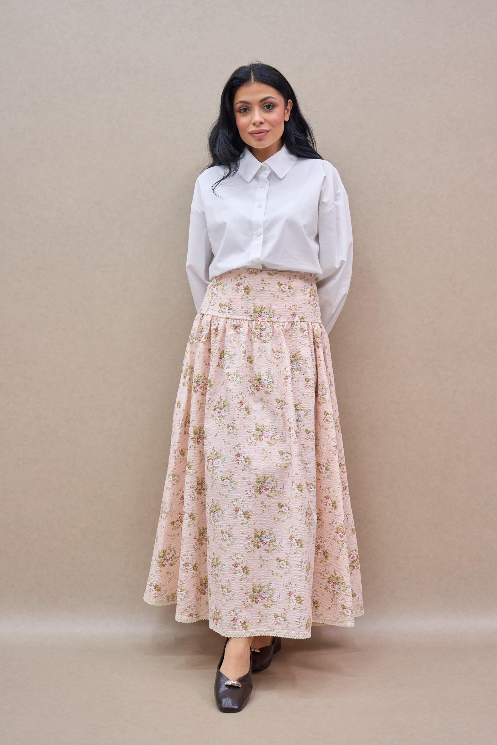 Vintage Pembe Çiçekli Gofre Dantelli Etek