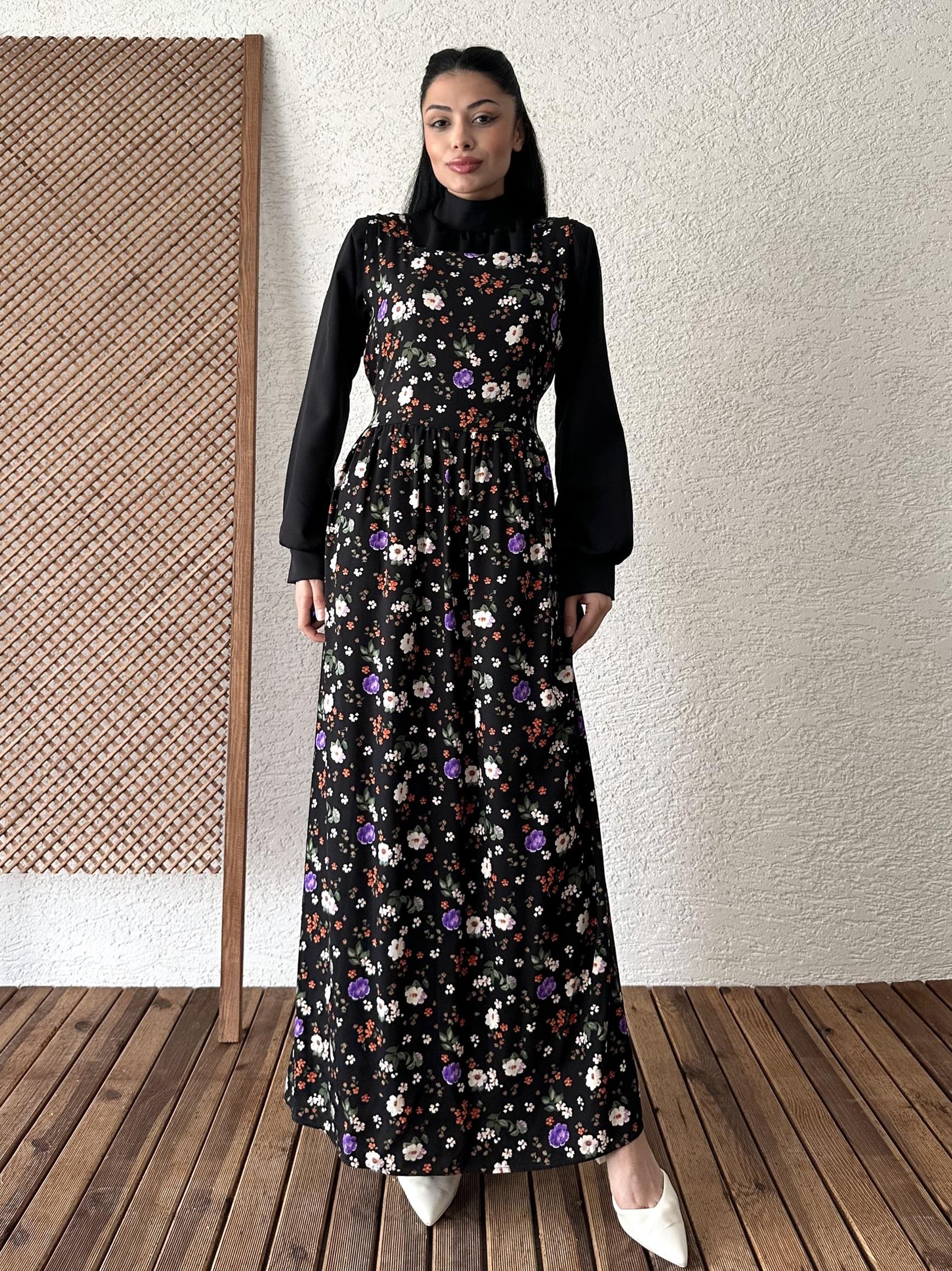Viskon Siyah Mor Çiçekli JilE