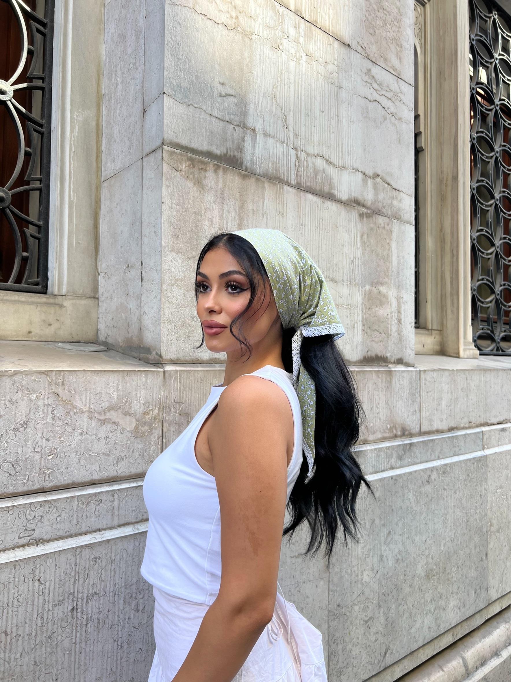 Yeşil Çıtır Poplin Dantel Detaylı Bandana