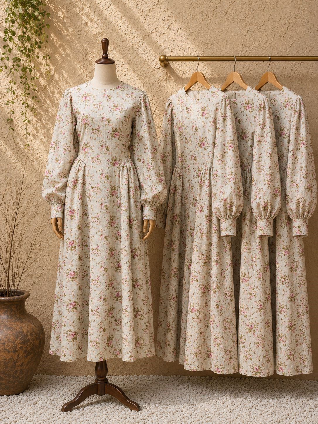 Yeşil Vintage Çiçekli Pileli Uzun Bürümcük Elbise