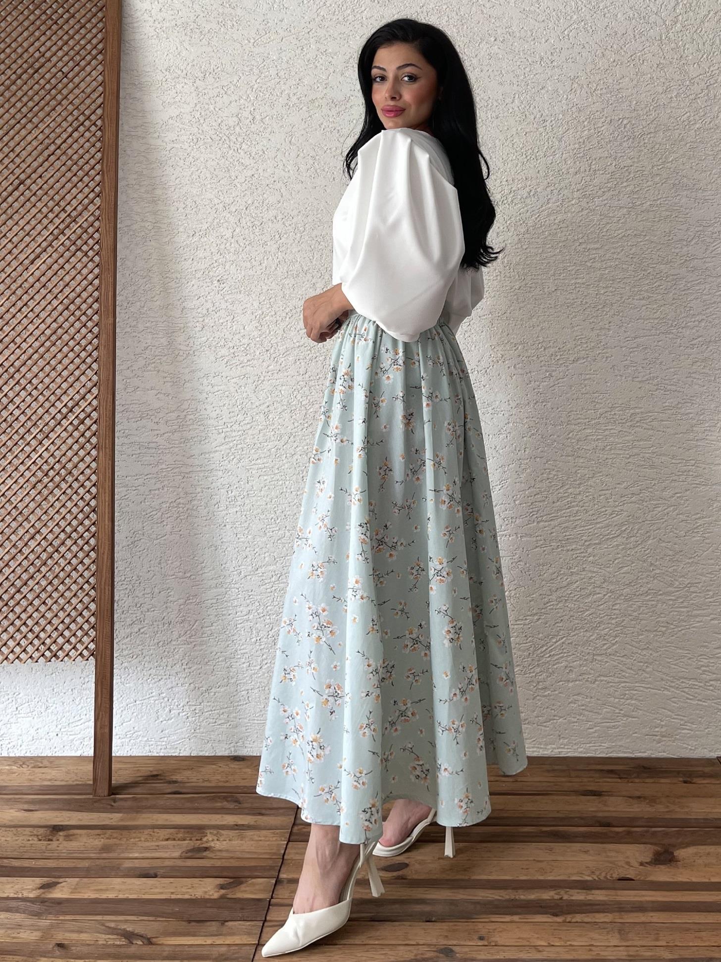 Yeşili Bahardalı Poplin Kloş Etek