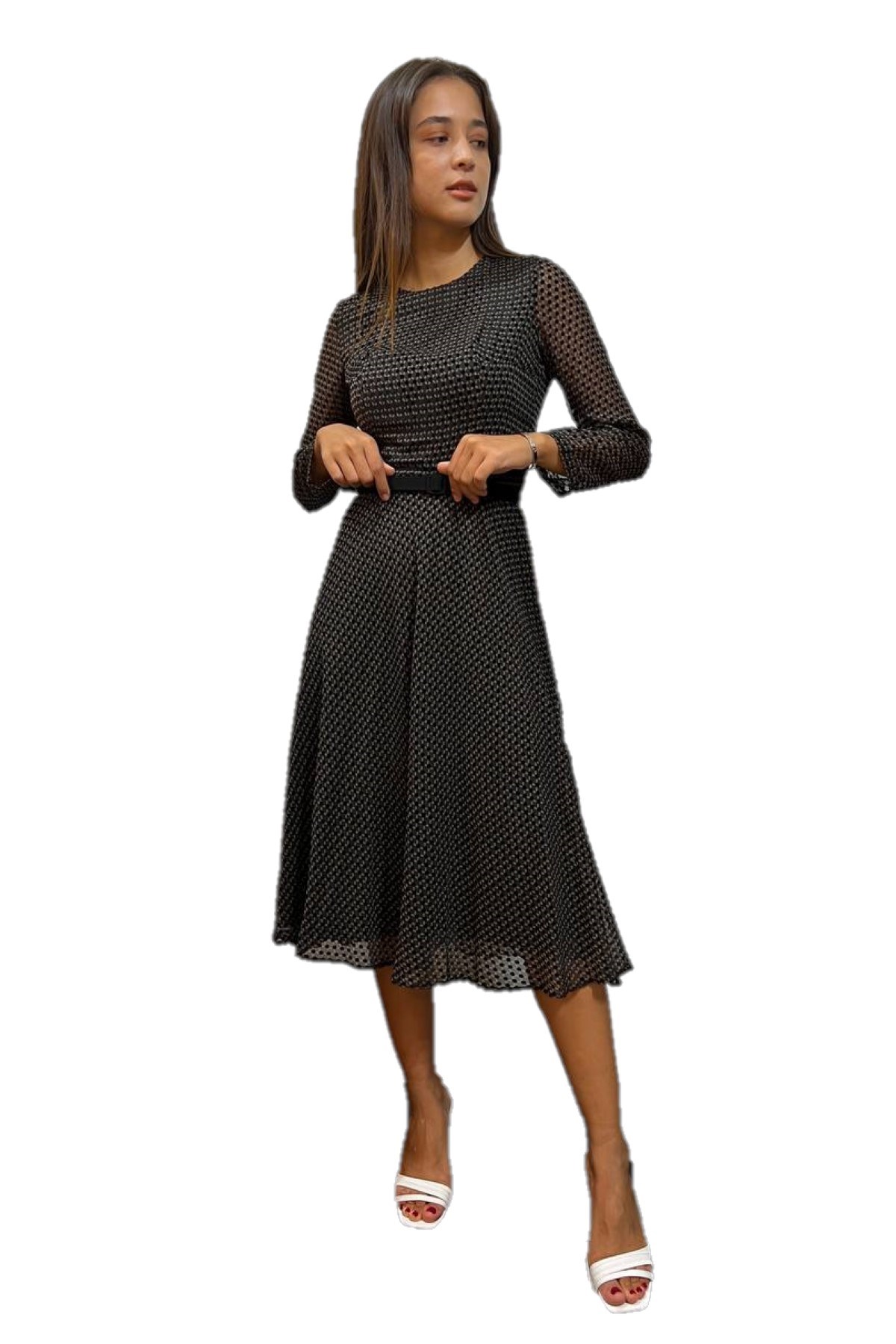 Siyah Uzun Kollu Diz Altı Şifon Elbise - Enna Butik