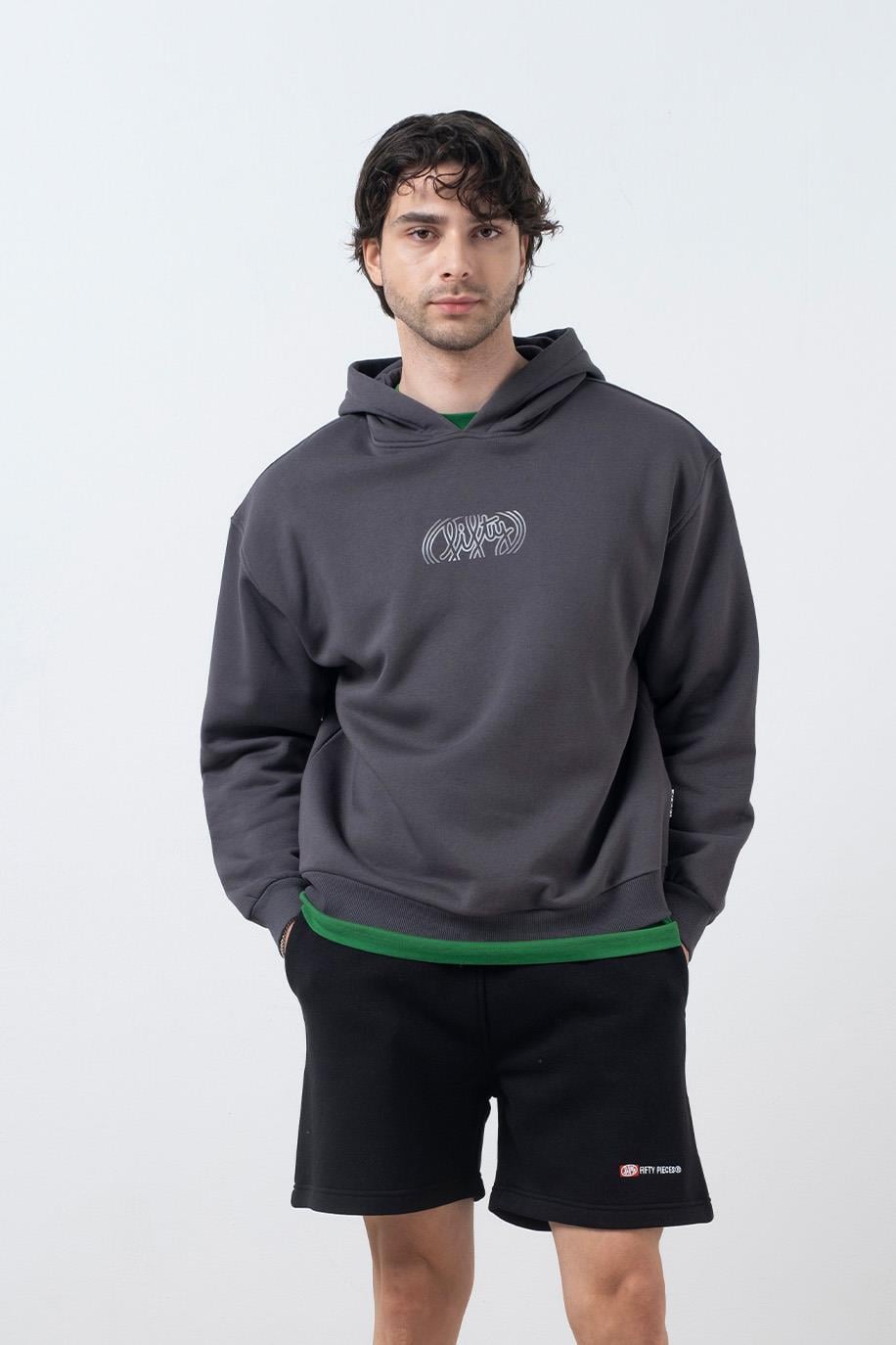 Erkek Antrasit Düşük Omuzlu Sırt Baskılı Hoodie