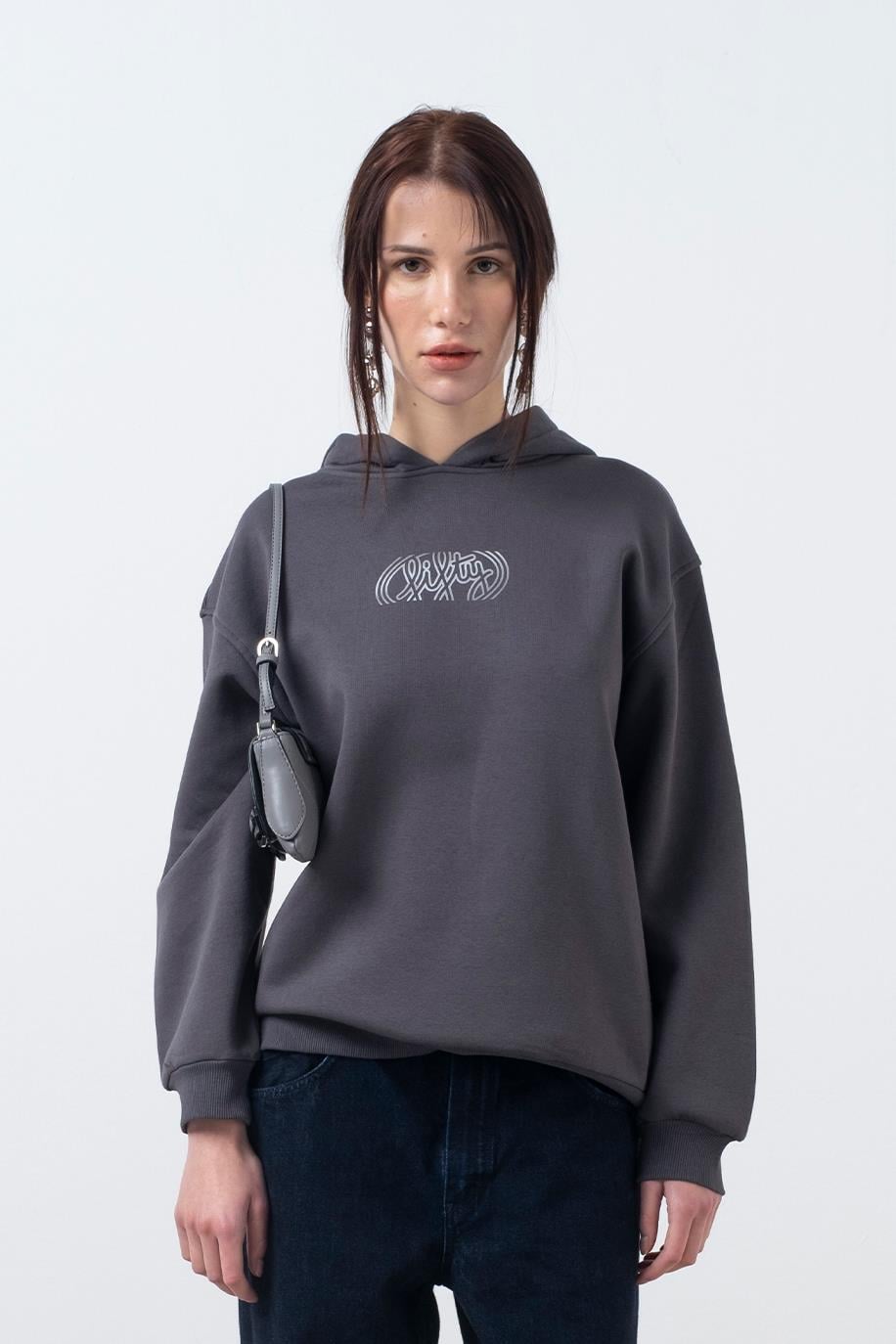 Kadın Antrasit Oversize Sırt Baskılı Hoodie