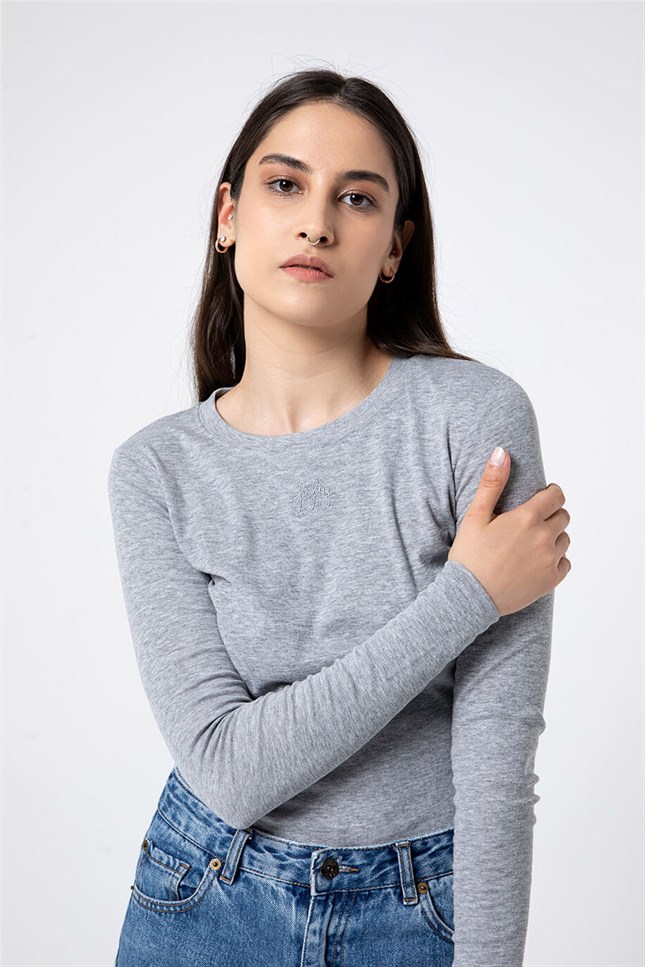 Kadın Gri Melanj Basic 0 Yaka Uzun Kollu T-Shirt