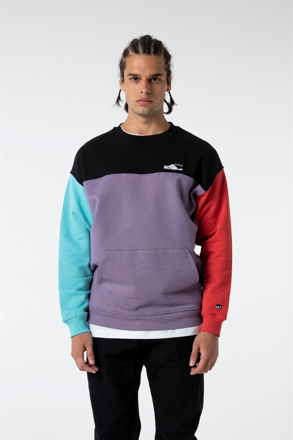 Erkek Mürdüm Kontrast Renkli Sweatshirt - Fifty Pieces