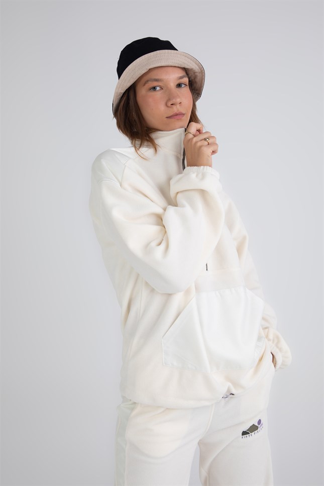 Kadın Ekru Fermuarlı Polar Sweatshirt - Fifty Pieces