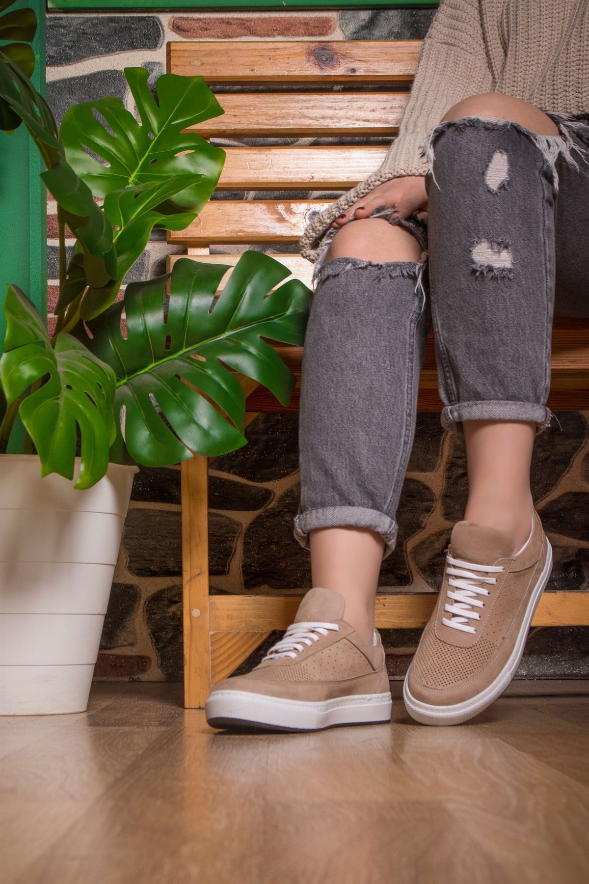 Hakiki Deri Bej Kadın Sneaker ITW8020BEW