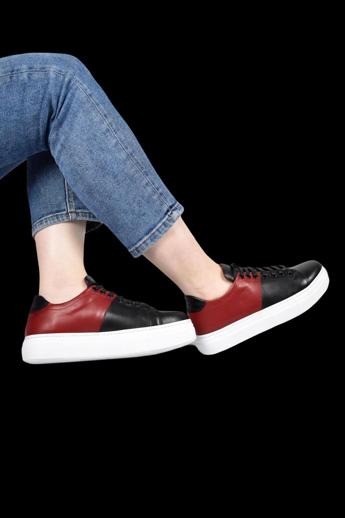 Hakiki Deri Siyah Kırmızı Kadın Sneaker ITW480BRW