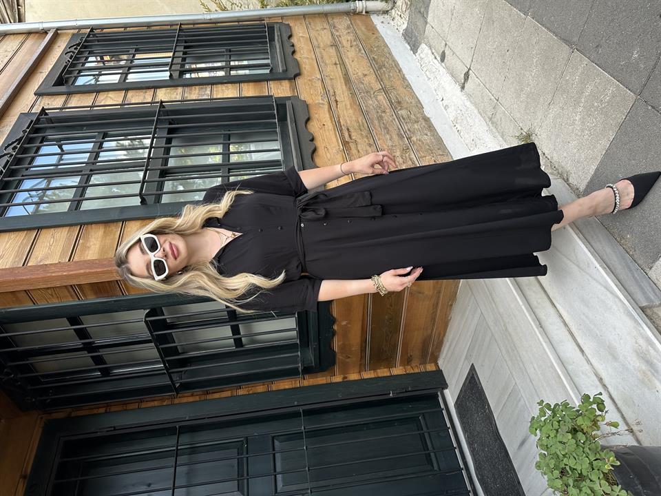 1345-Kuşaklı Siyah Renk Gömlek Elbise