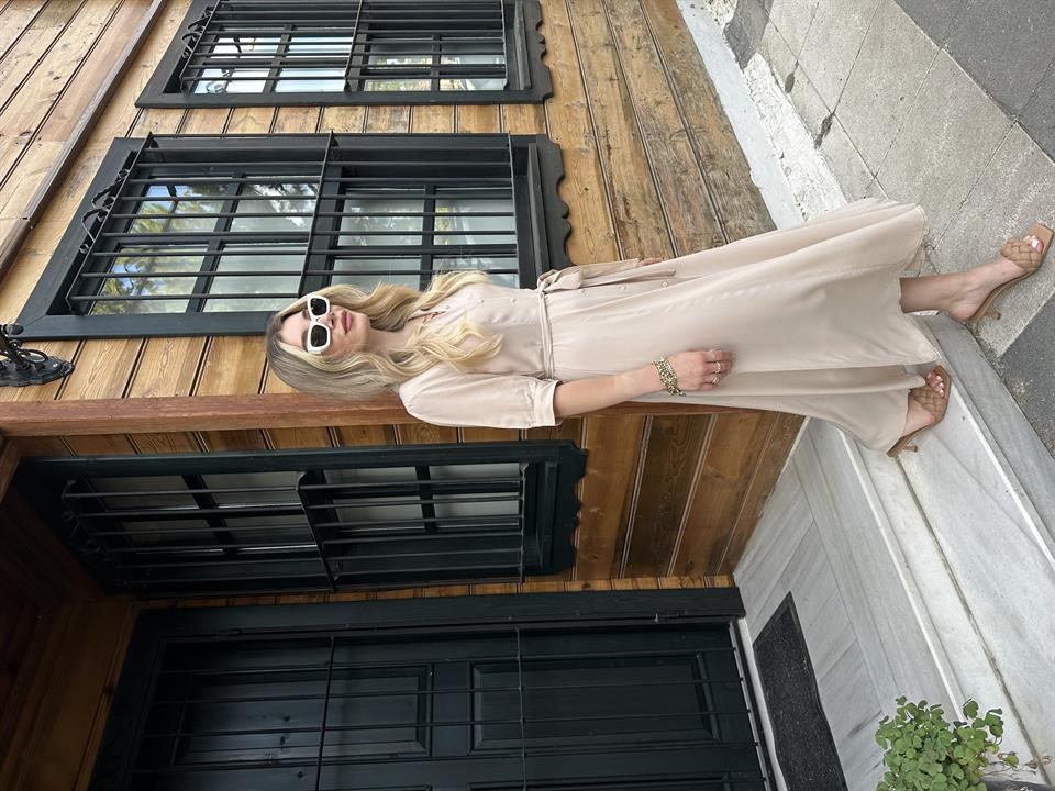 1345-Kuşaklı Taş Renk Gömlek Elbise