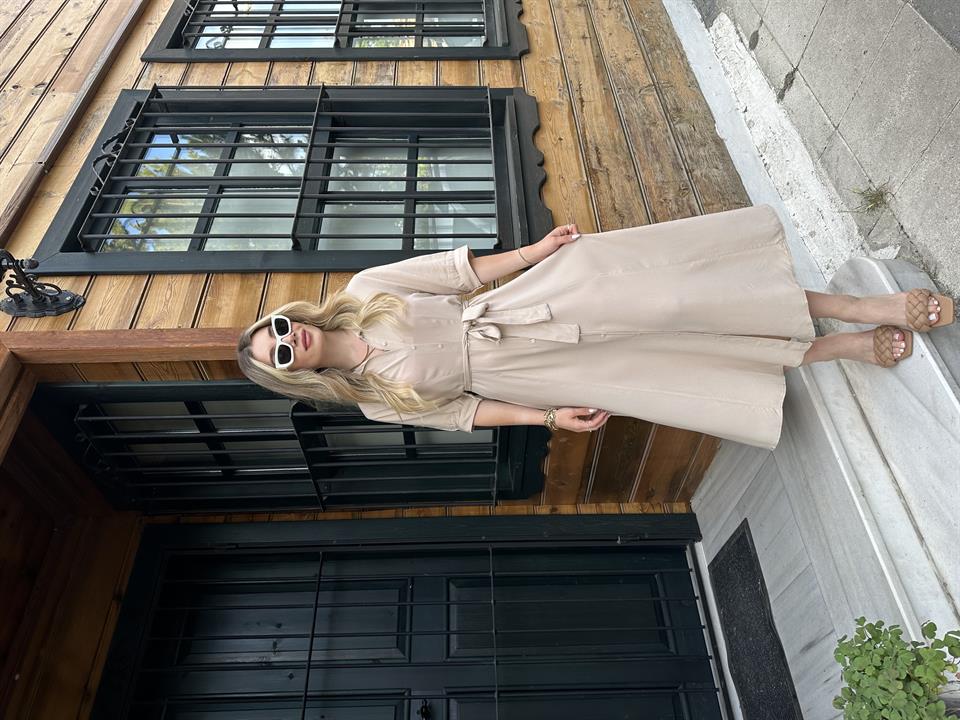 1345-Kuşaklı Taş Renk Gömlek Elbise