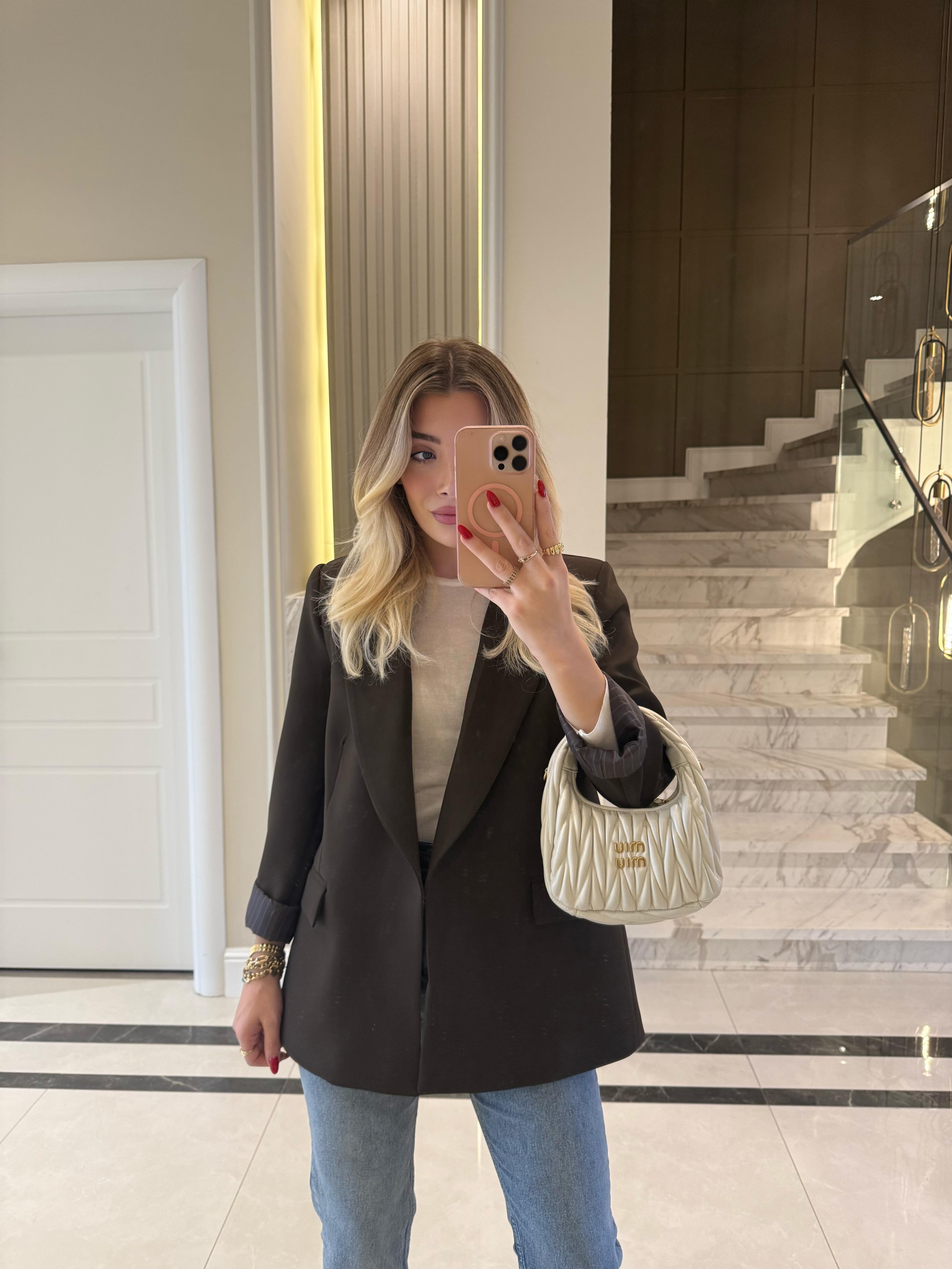 Acı Kahve Çizgili Astarlı Blazer Ceket