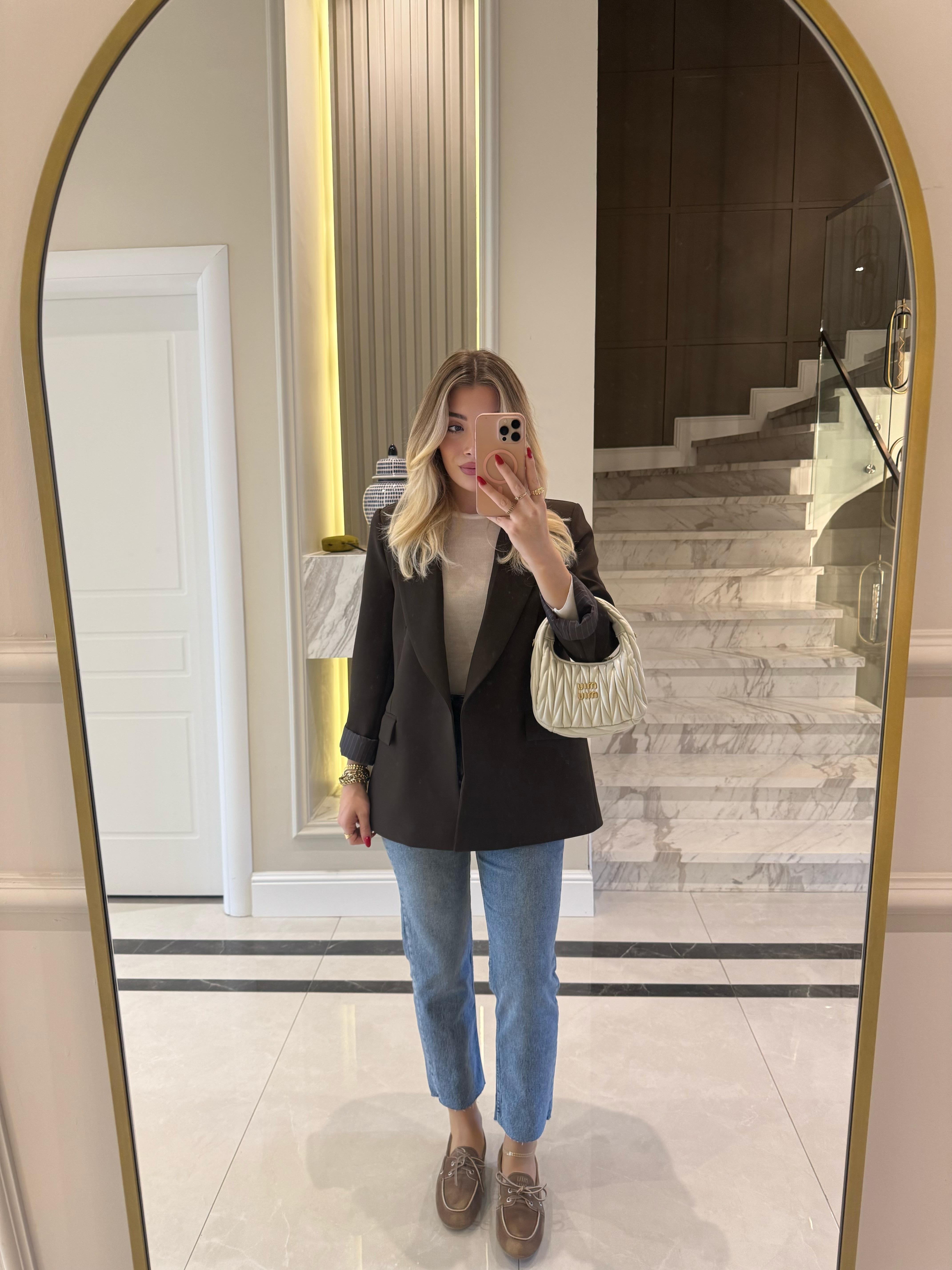 Acı Kahve Çizgili Astarlı Blazer Ceket