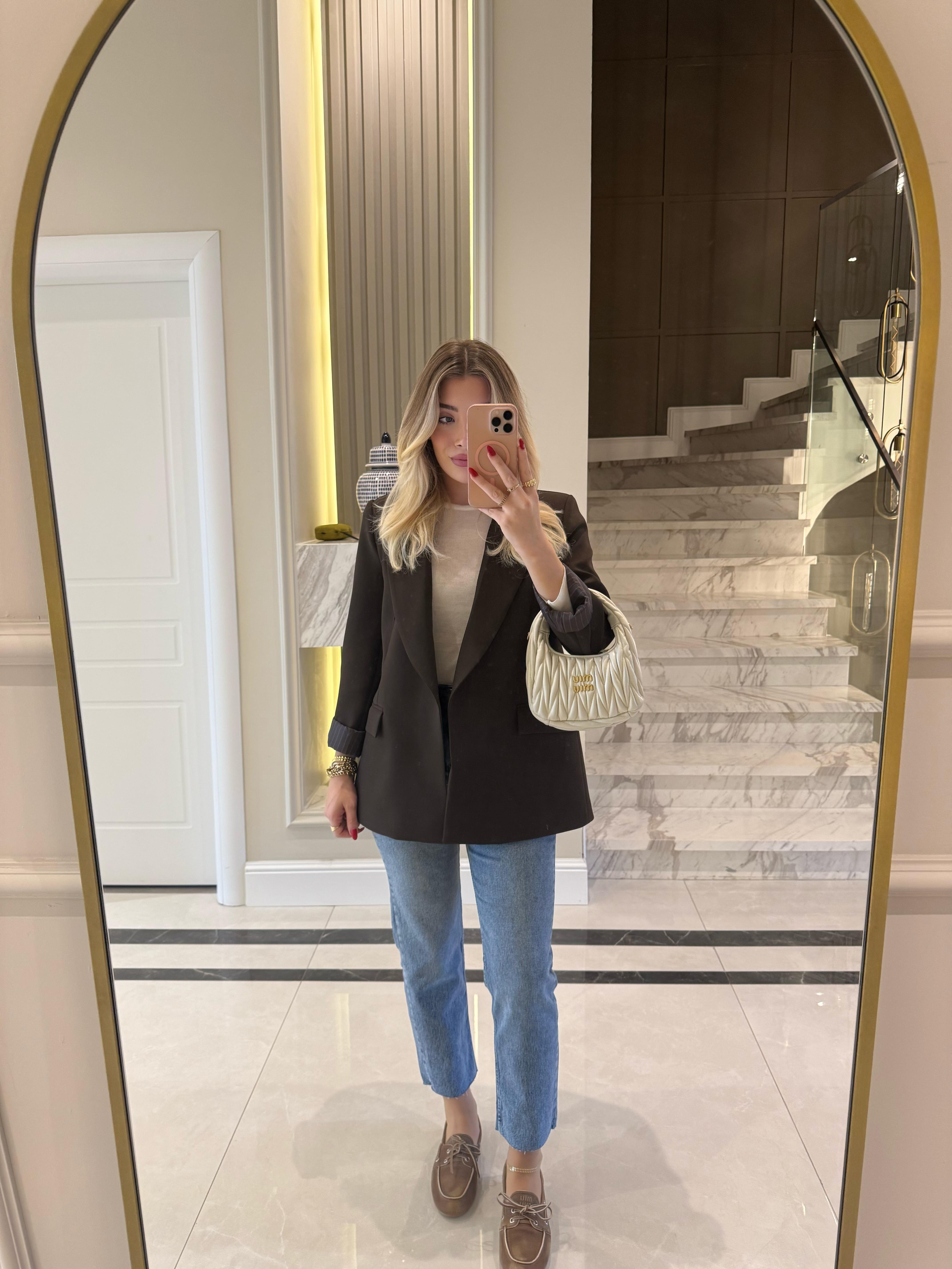 Acı Kahve Çizgili Astarlı Blazer Ceket