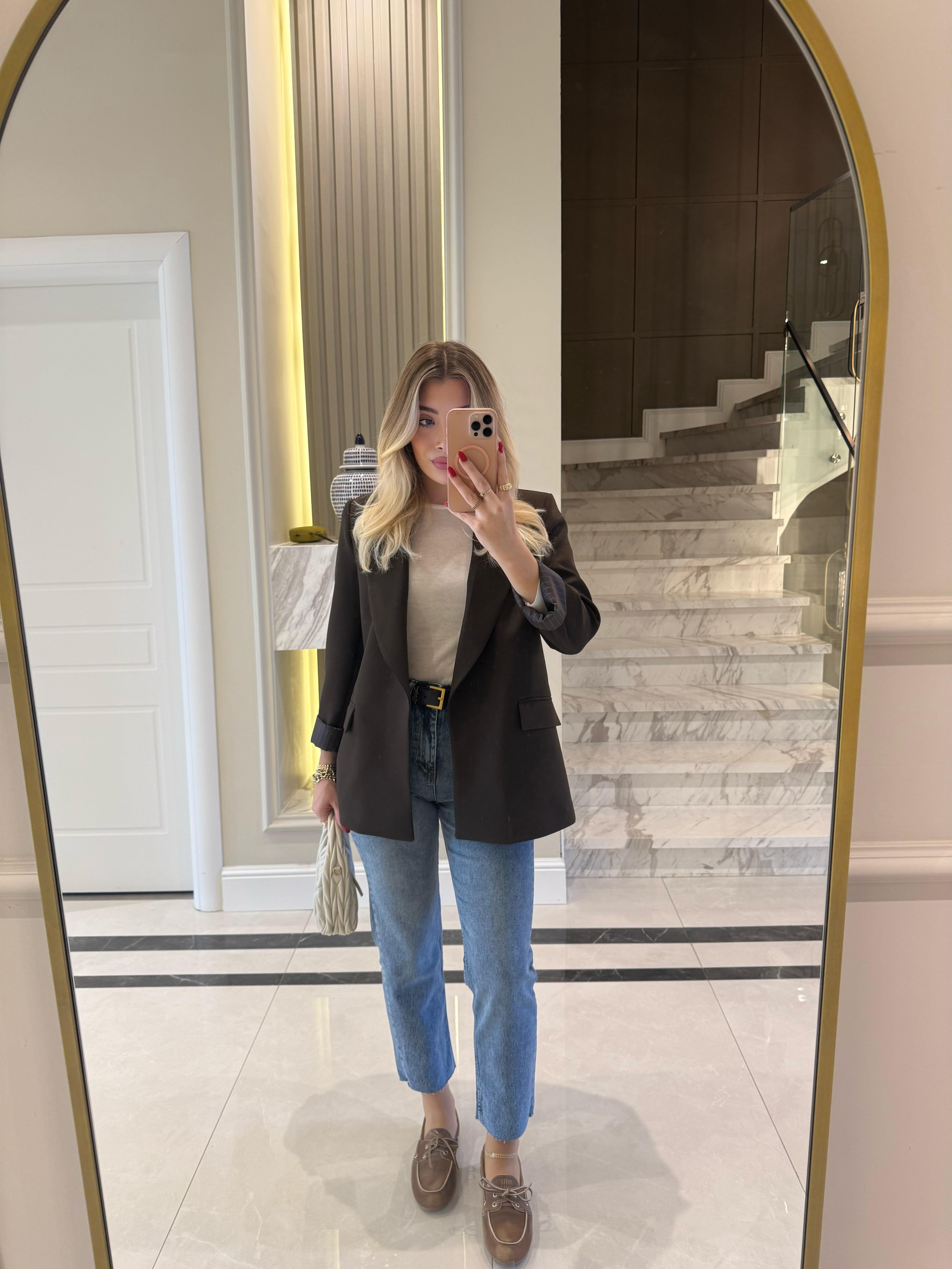 Acı Kahve Çizgili Astarlı Blazer Ceket