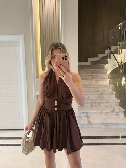 Acı Kahve Gold Düğmeli Ronse Mini Elbise