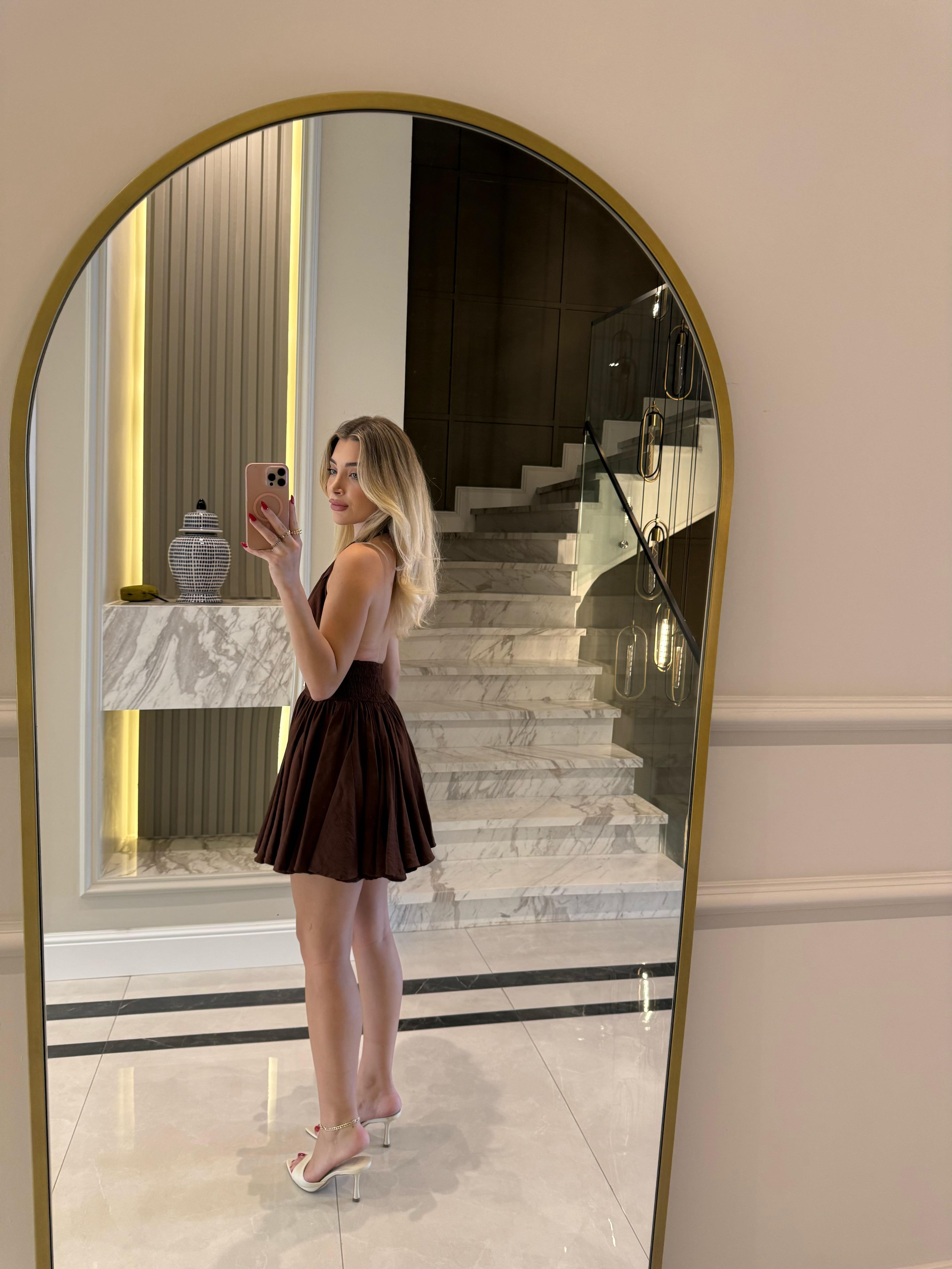 Aci Kahve Gold Düğmeli Ronse Mini Elbise