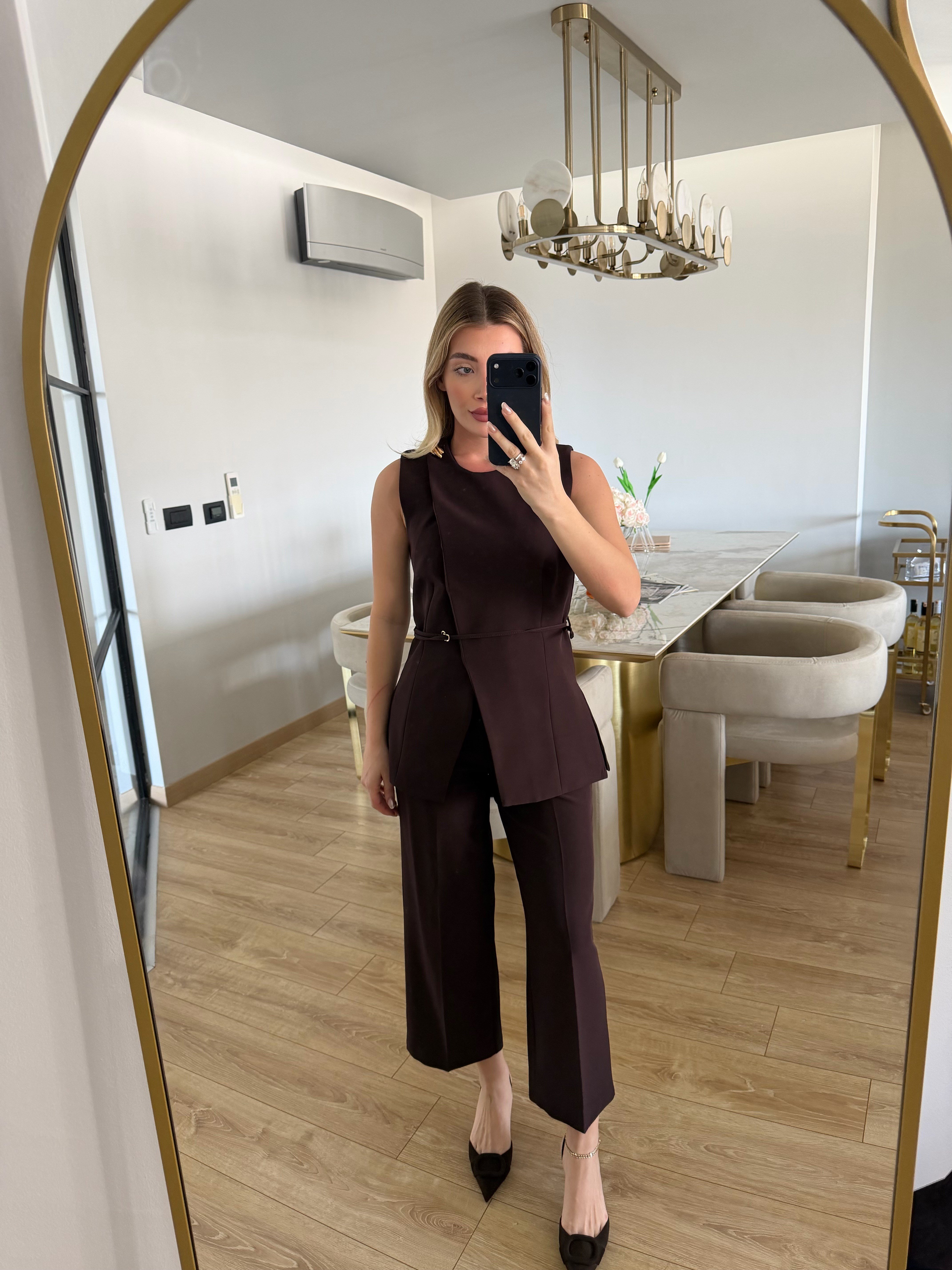 Acı Kahve Metal Aksesuarlı Yelek Pantolon Takım-7326