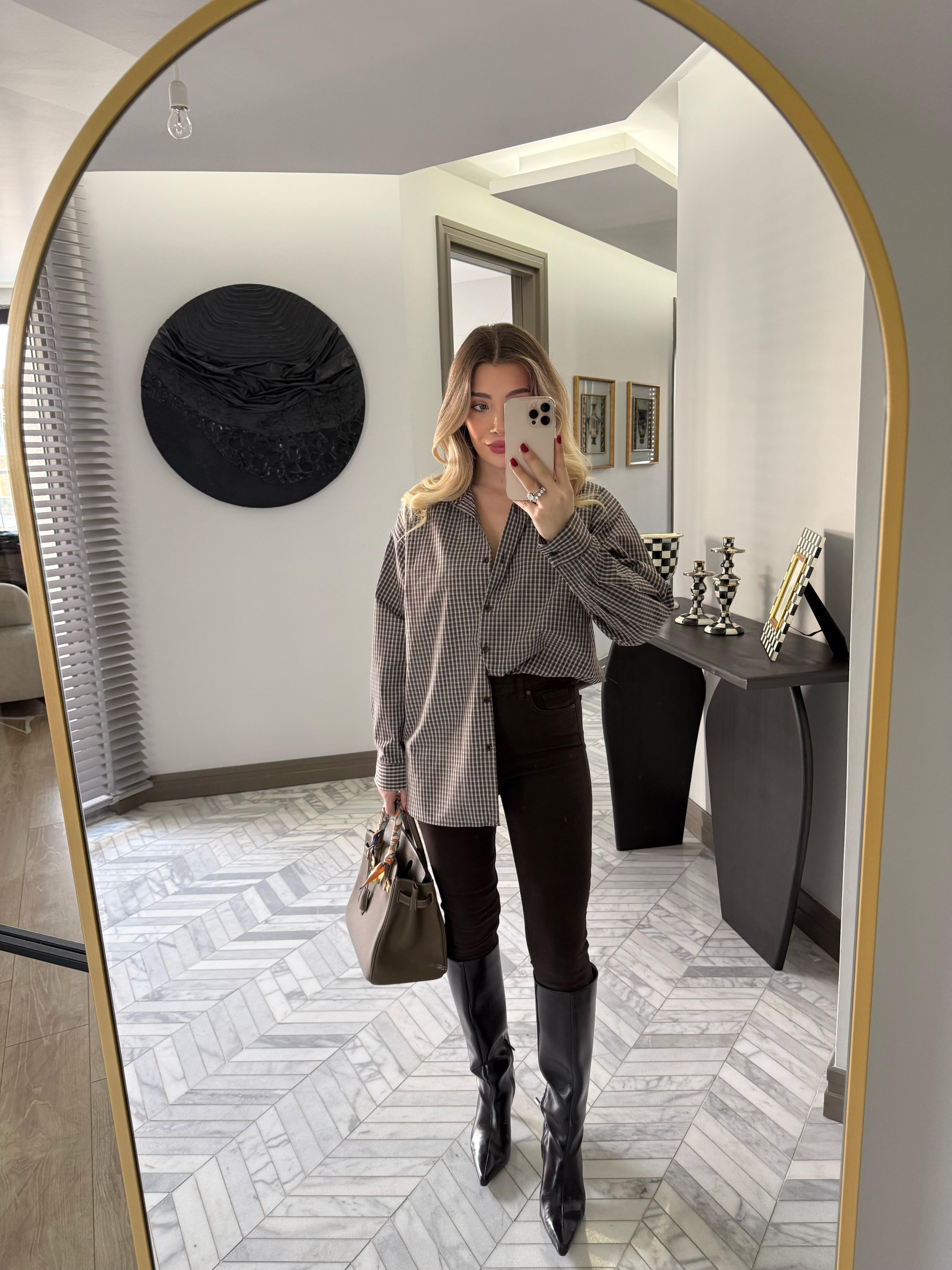 Açık Kahve  Çizgili Oversize Poplin Gömlek-34506
