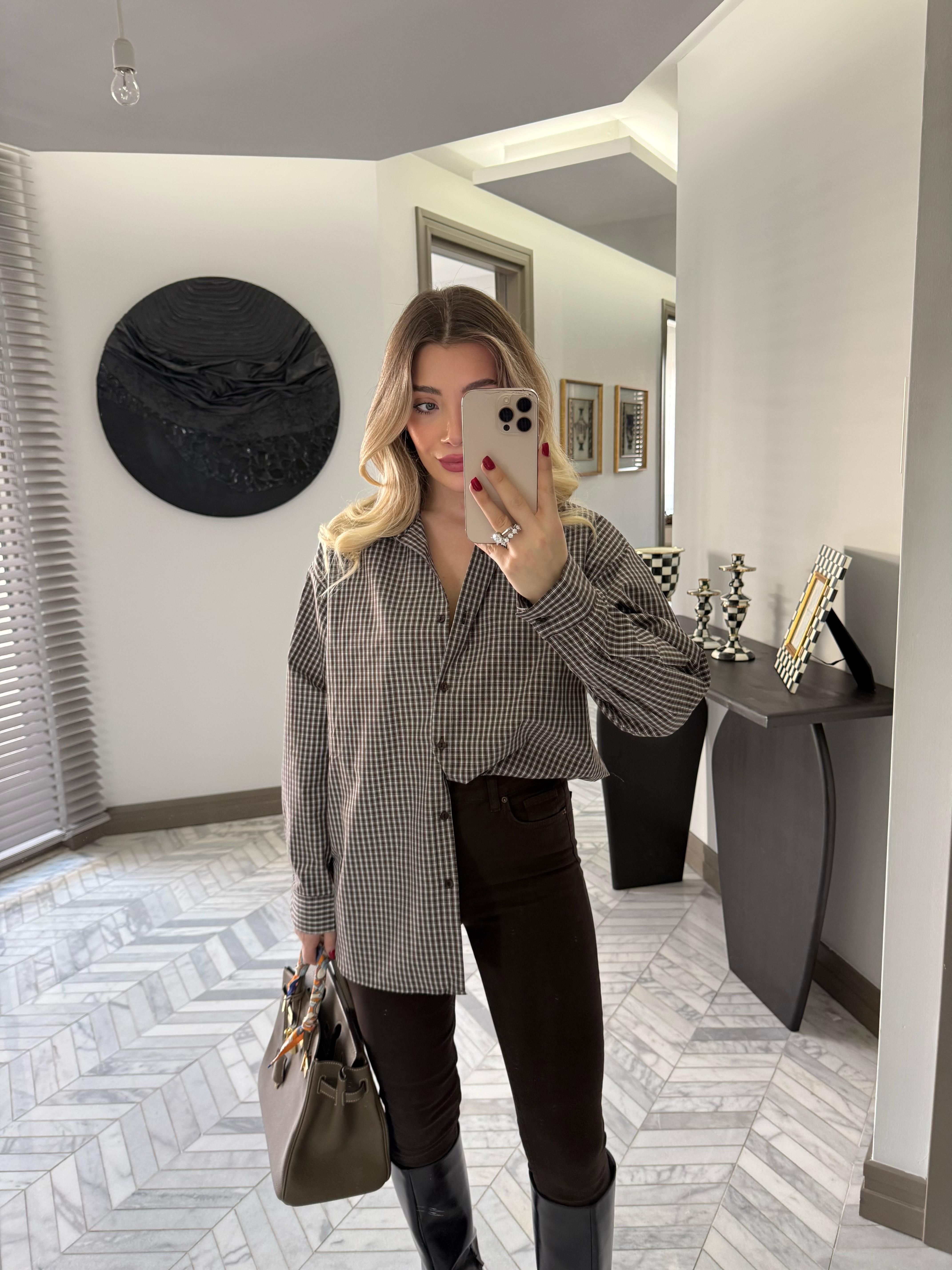 Açık Kahve  Çizgili Oversize Poplin Gömlek-34506
