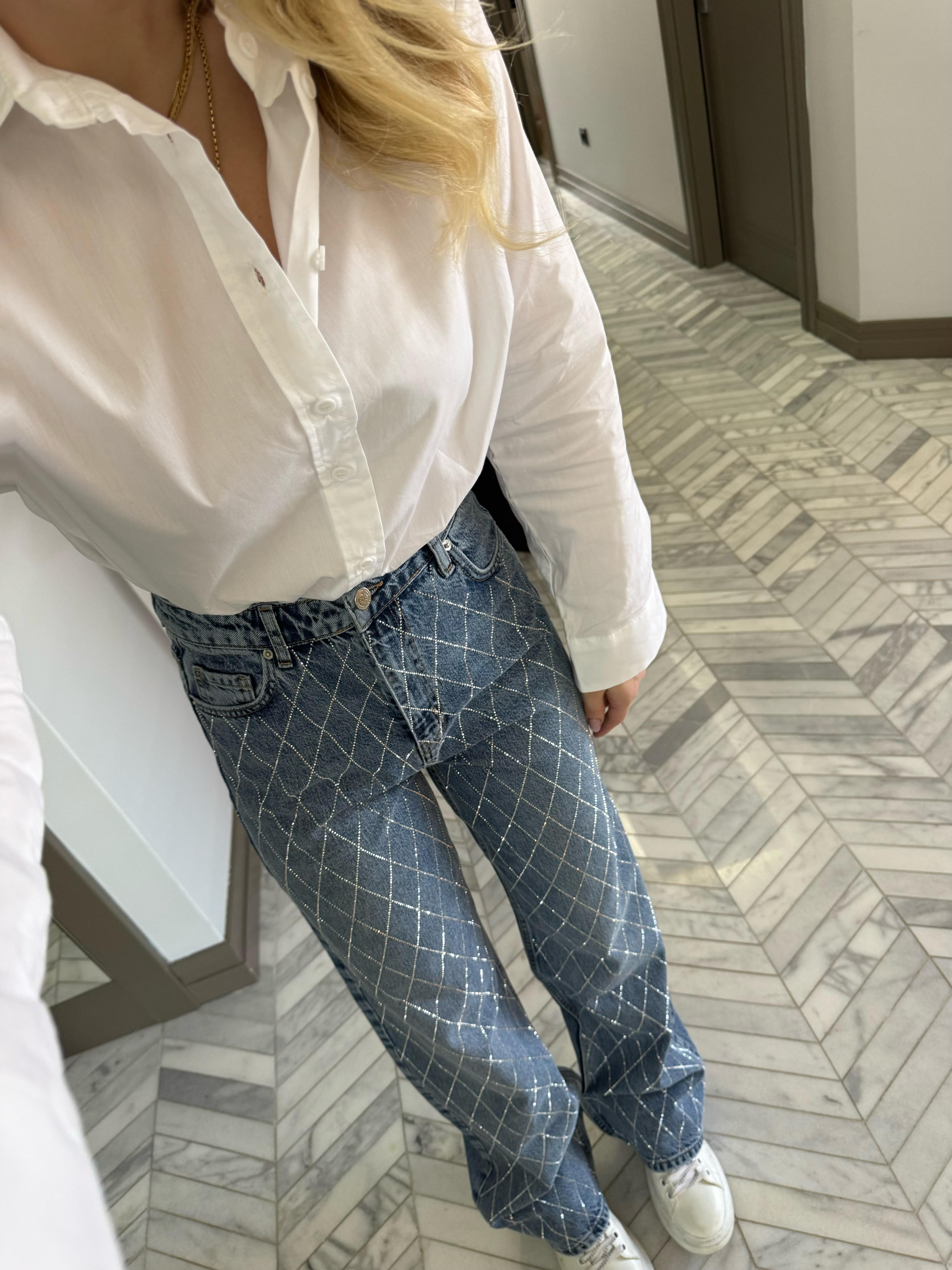 Açık Mavi Baklava Desen Taşlı Wide Leg Jean