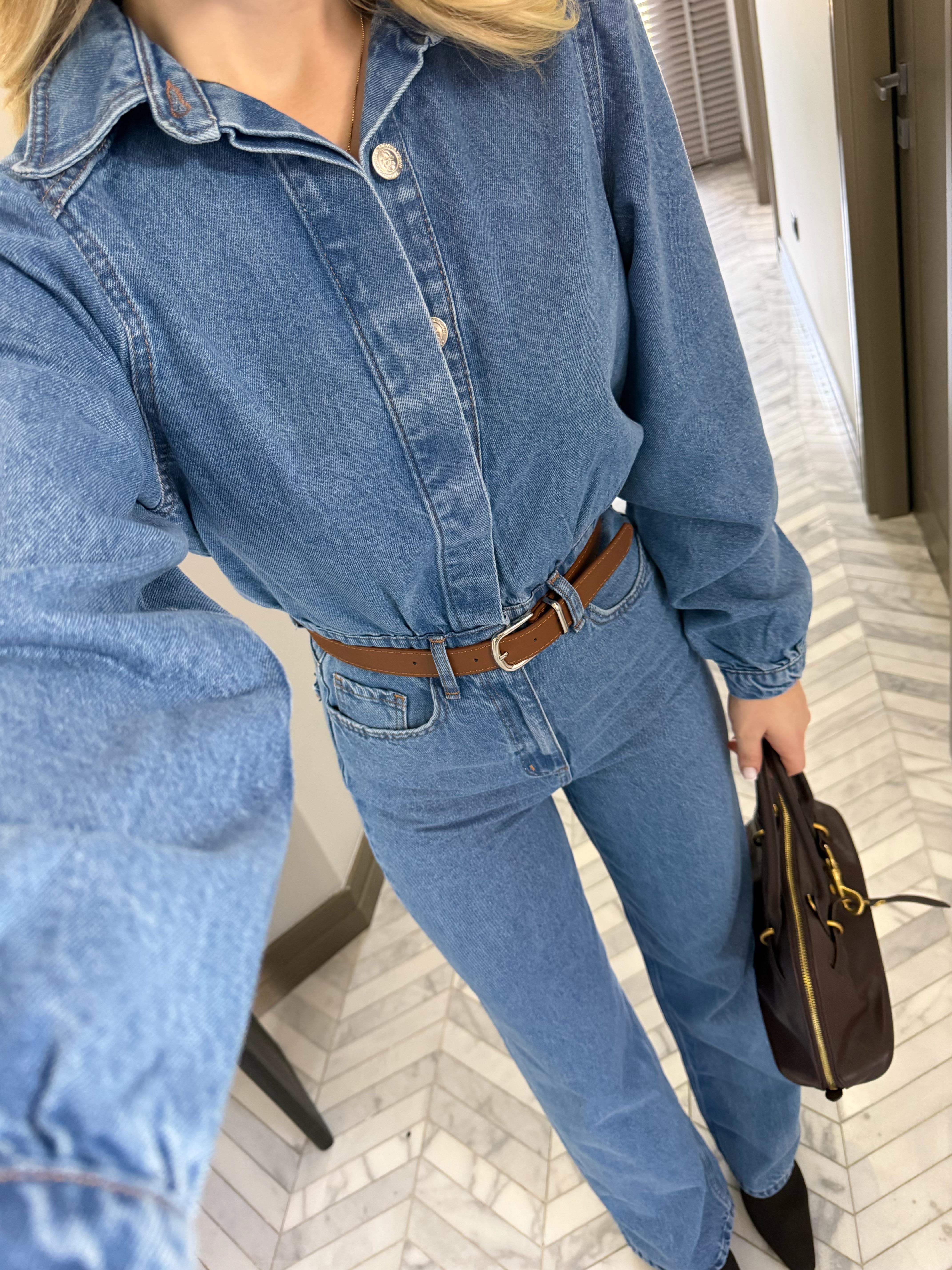 Açık Mavi Denim Kemerli Tulum -8152