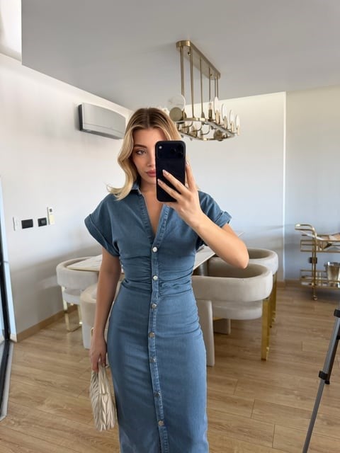 Açık Mavi Drapeli Tasarım Denim Midi Elbise