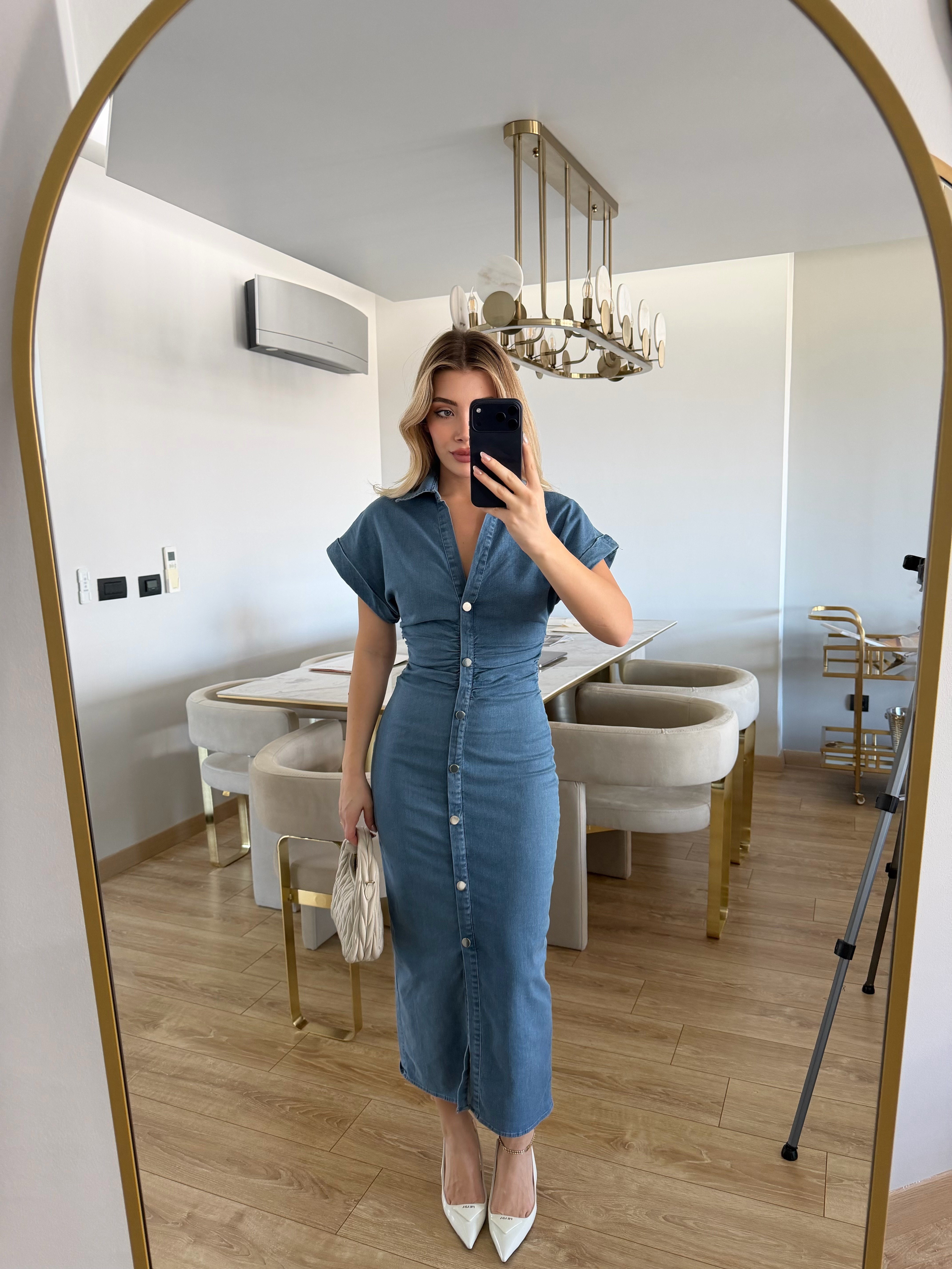 Açık Mavi Drapeli Tasarım Denim Midi Elbise