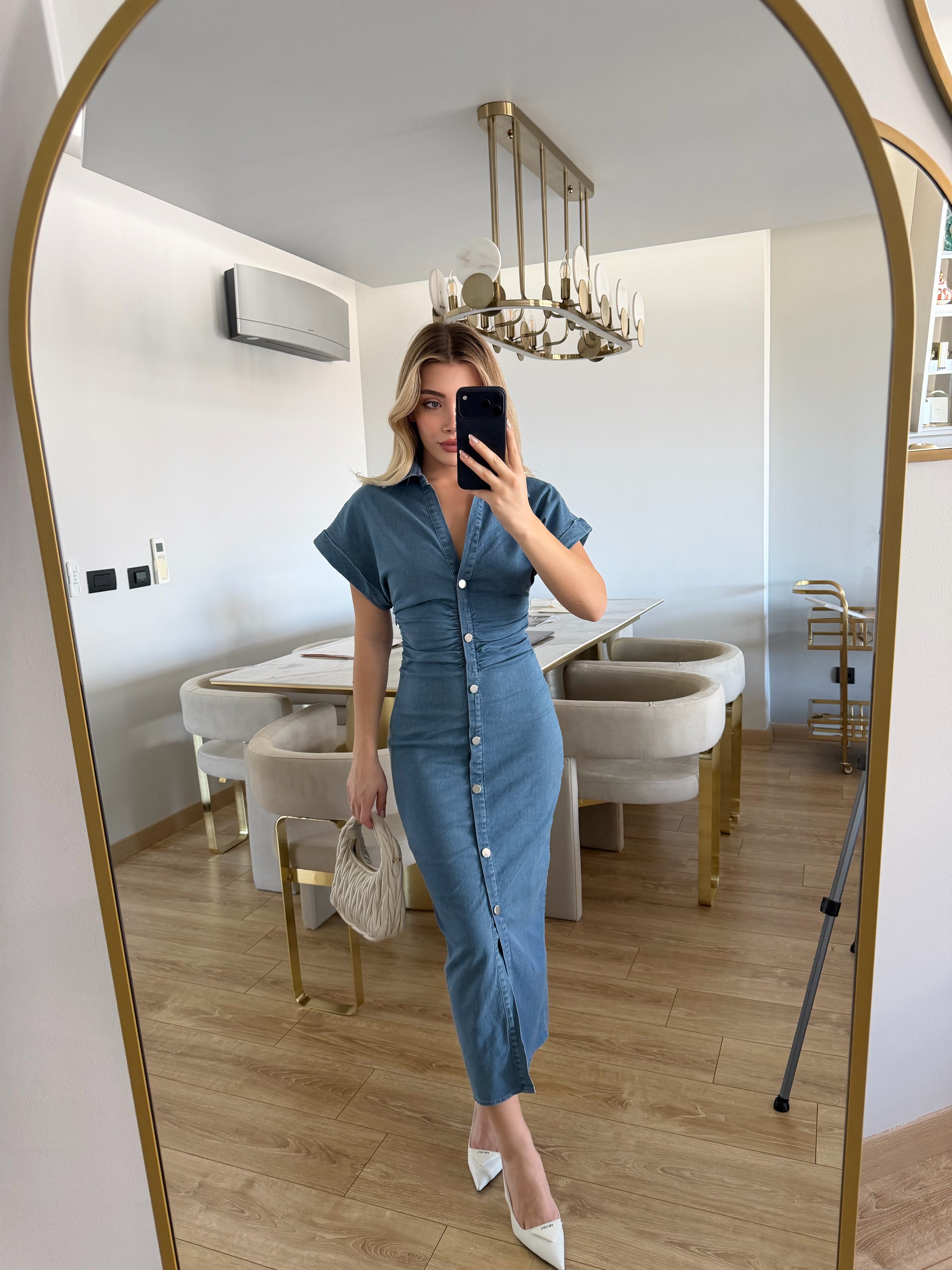 Açık Mavi Drapeli Tasarım Denim Midi Elbise
