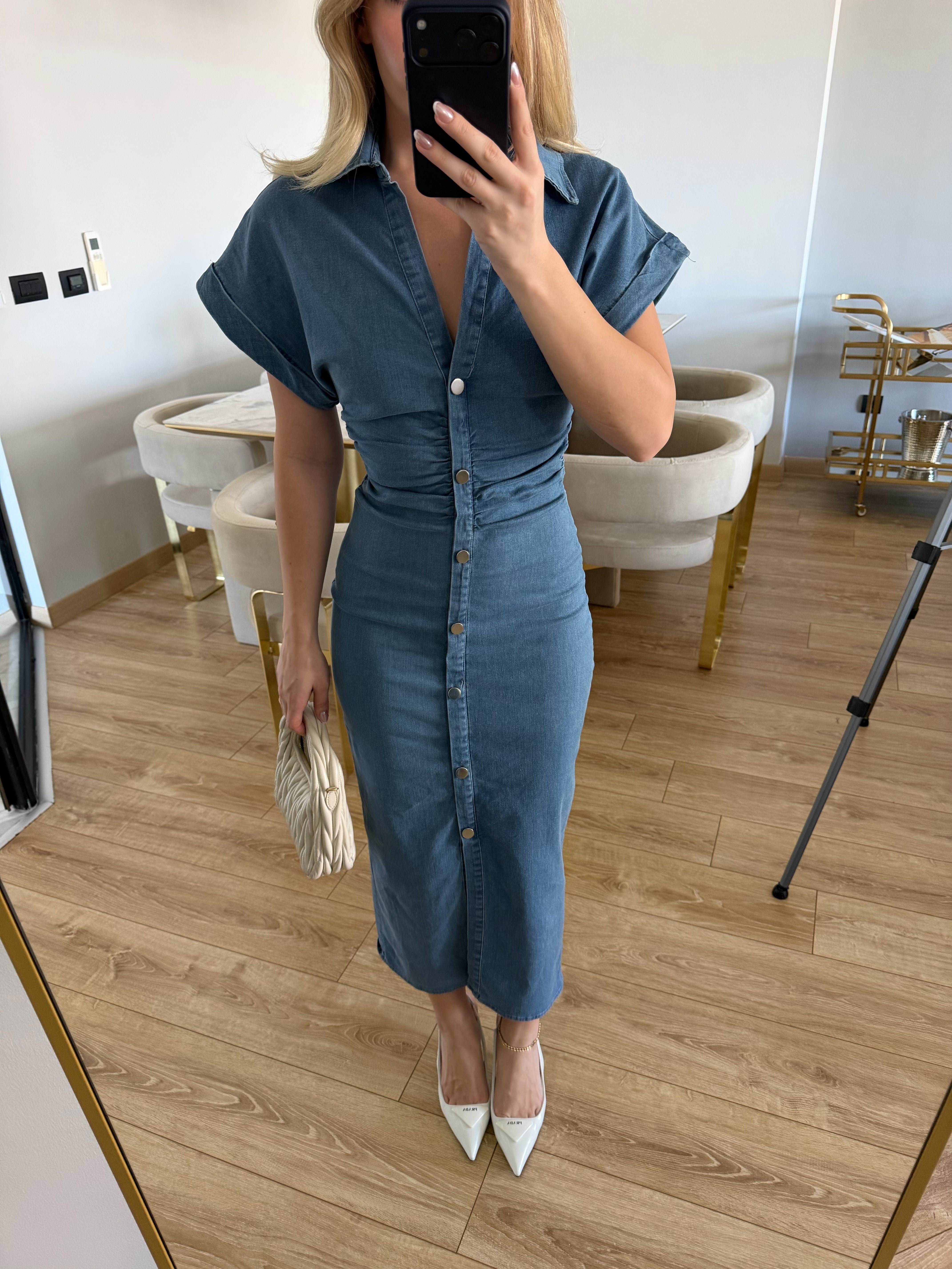 Açık Mavi Drapeli Tasarım Denim Midi Elbise