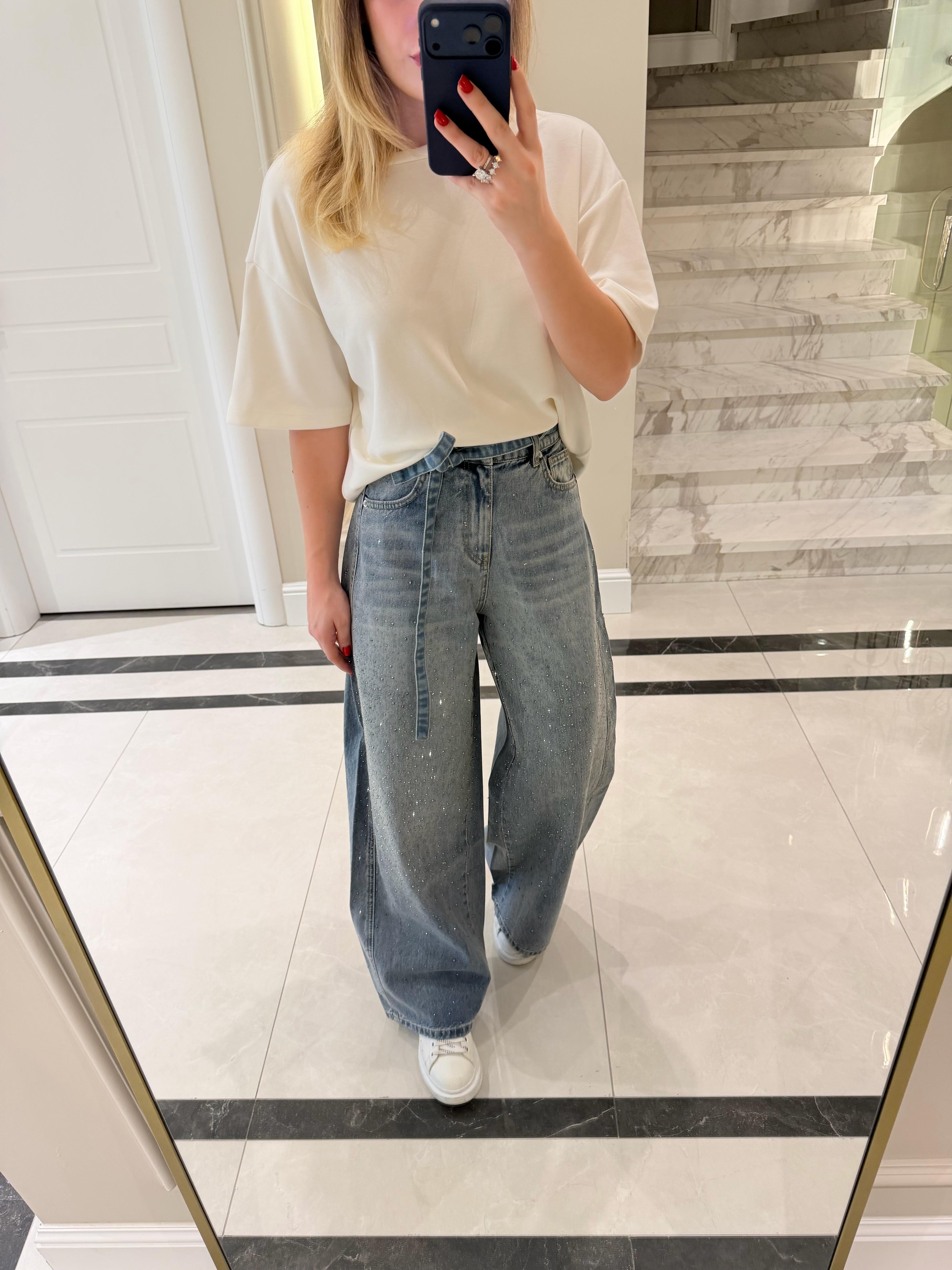 Açık Mavi Önü Taşlı Denim Pantolon