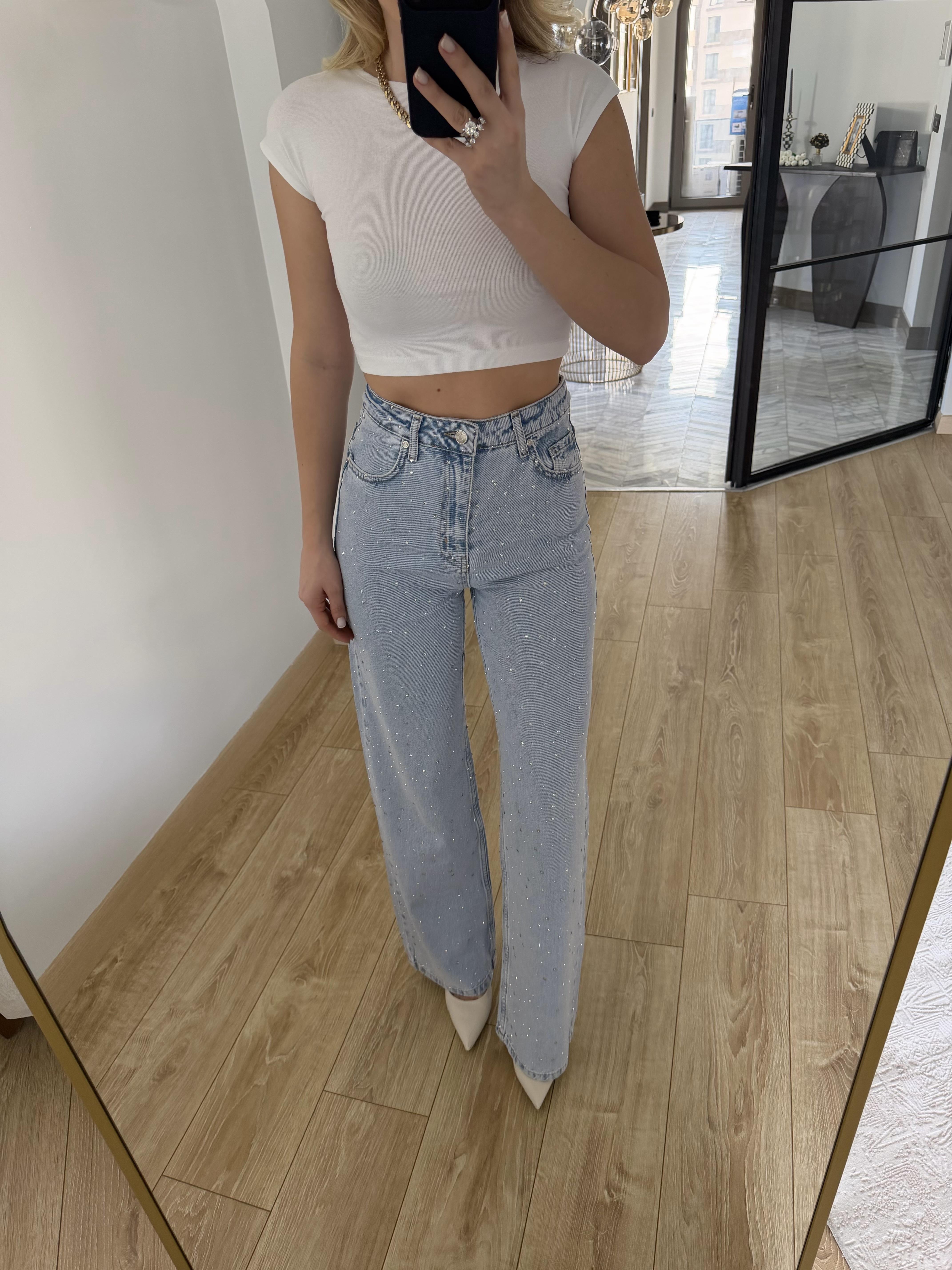 Açık Mavi  Parlak Taşlı Geniş Paçalı Jean