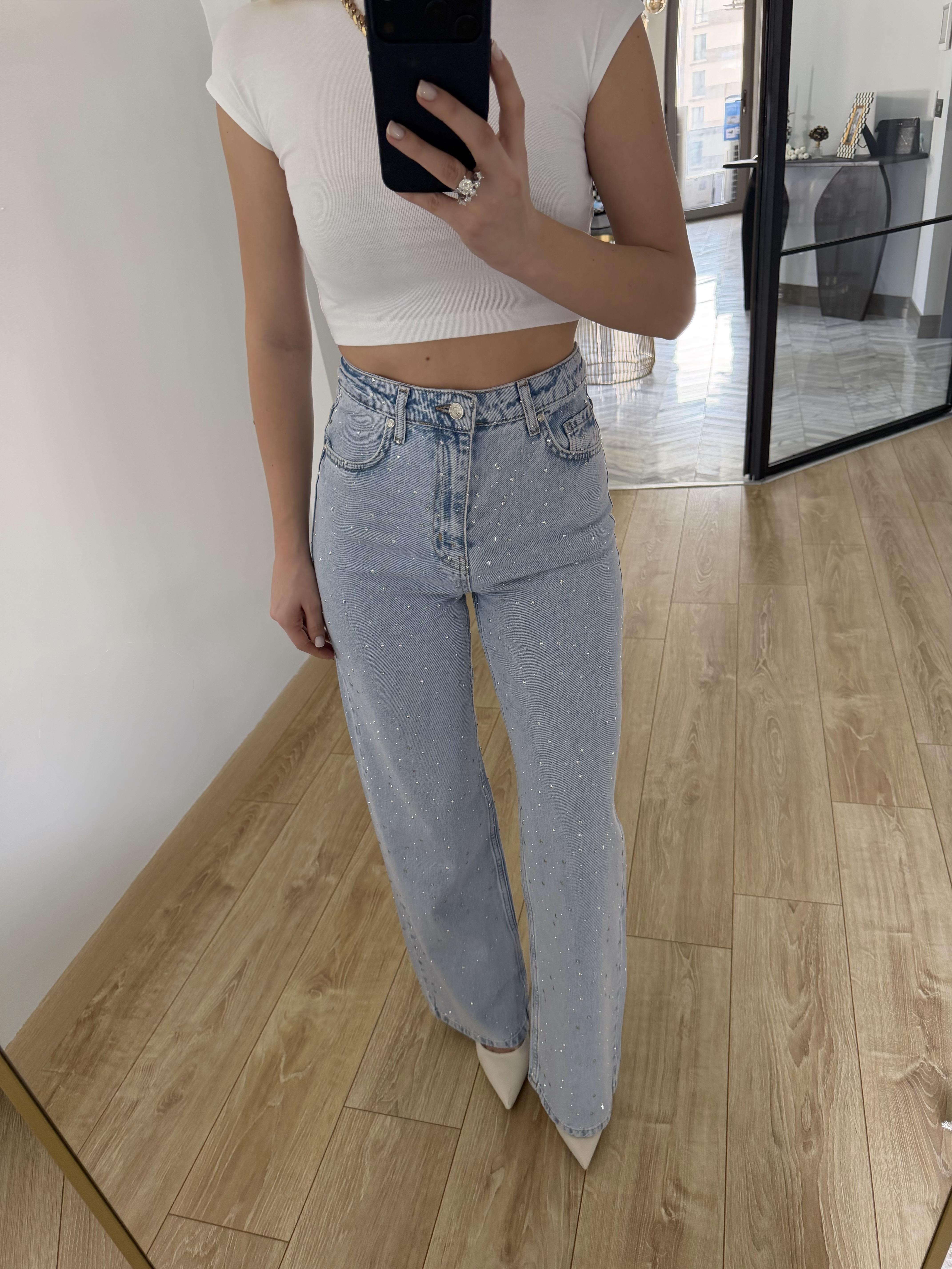 Açık Mavi  Parlak Taşlı Geniş Paçalı Jean