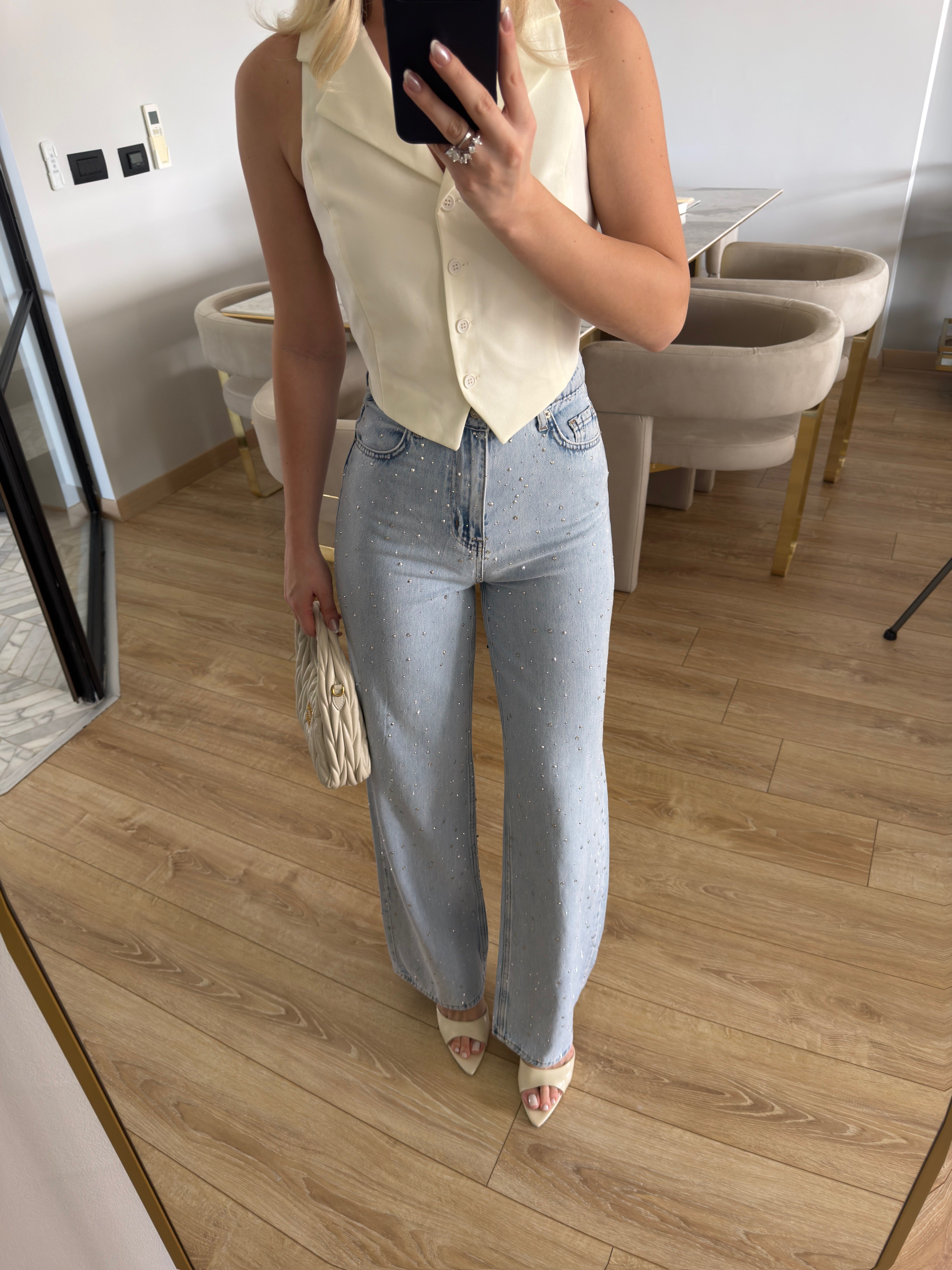 Açık Mavi Parlak Taşlı Geniş Paçalı Jean