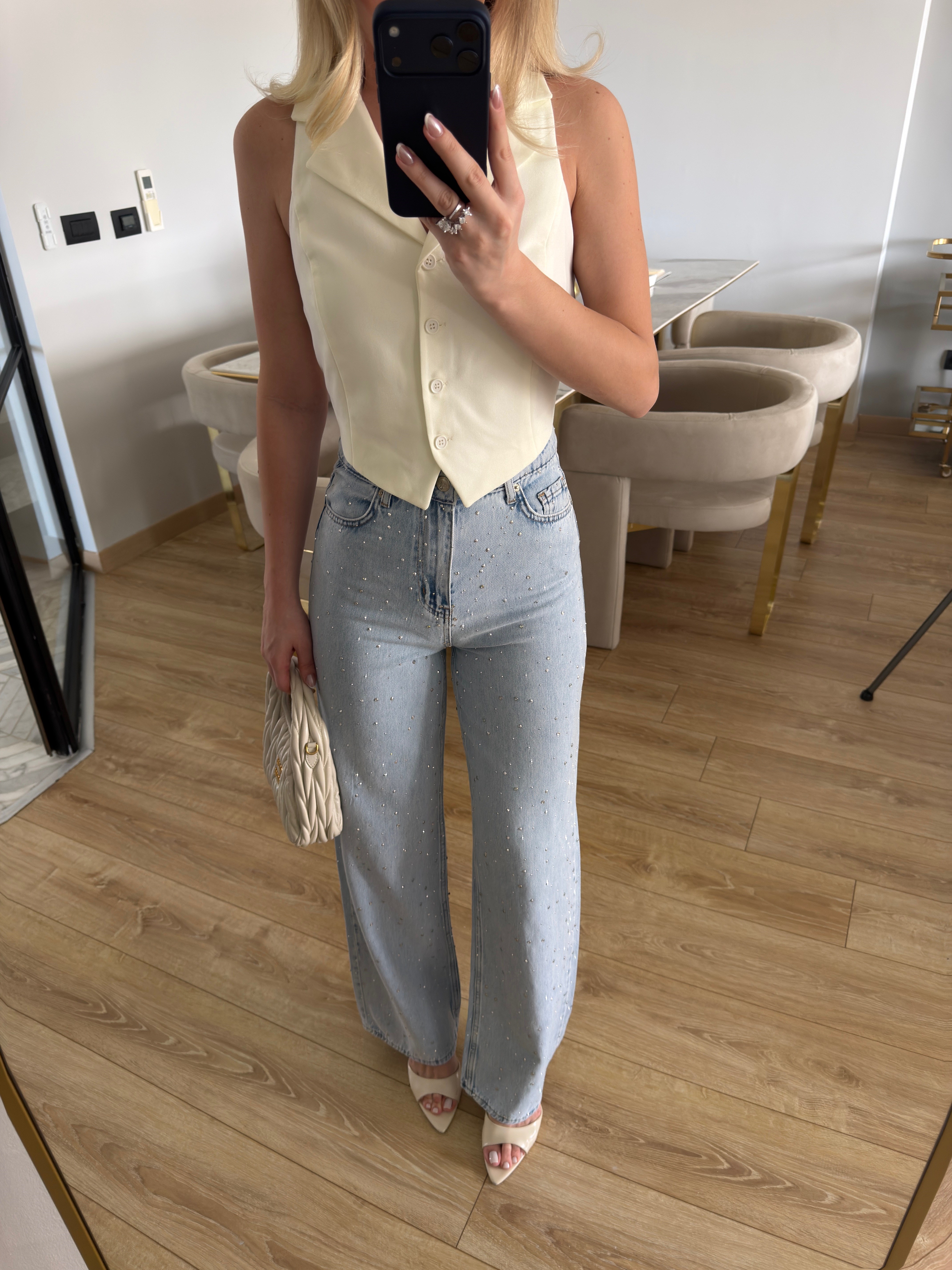 Açık Mavi Parlak Taşlı Geniş Paçalı Jean