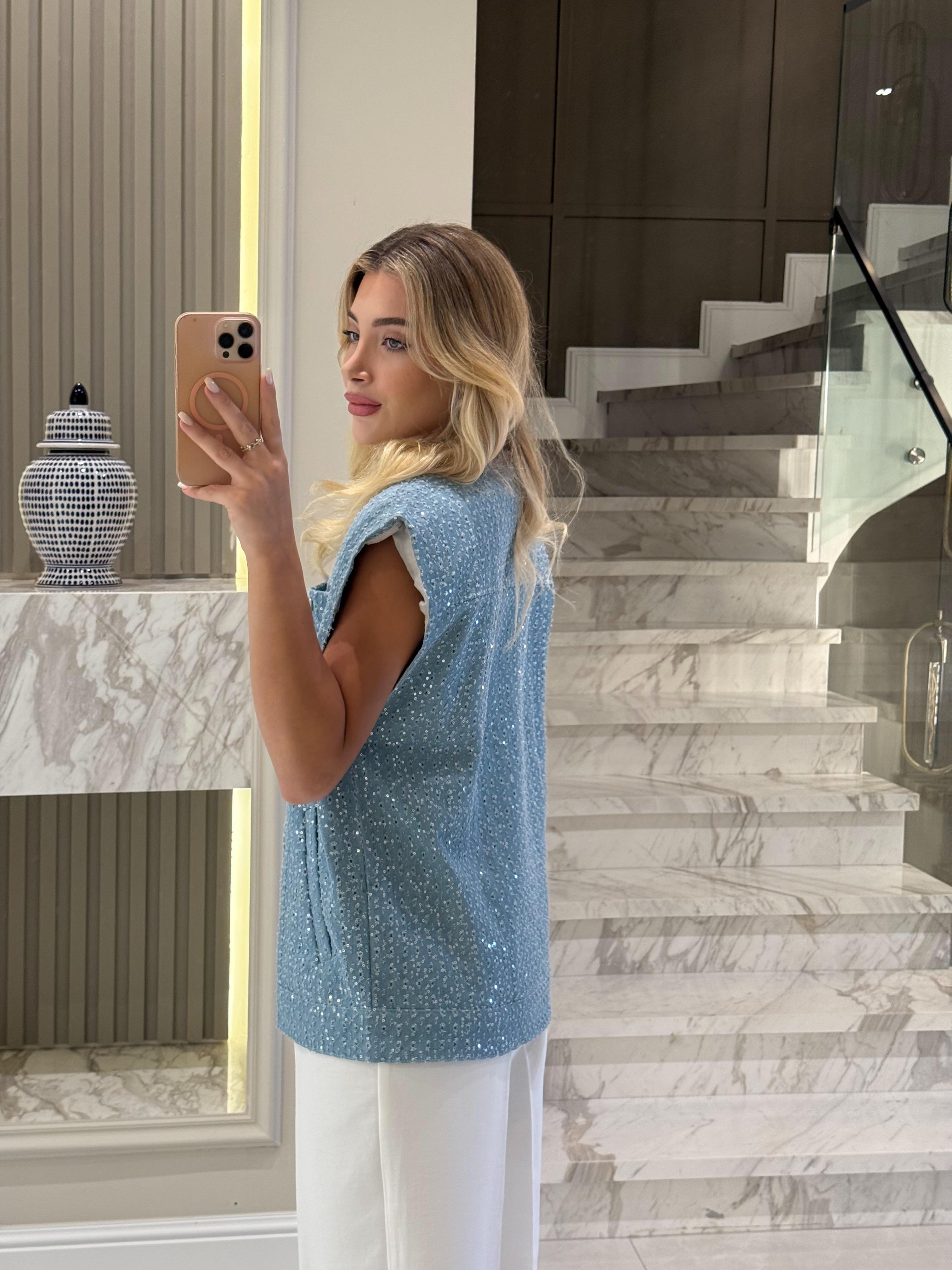 Açık Mavi Payetli Dokulu Denim Yelek