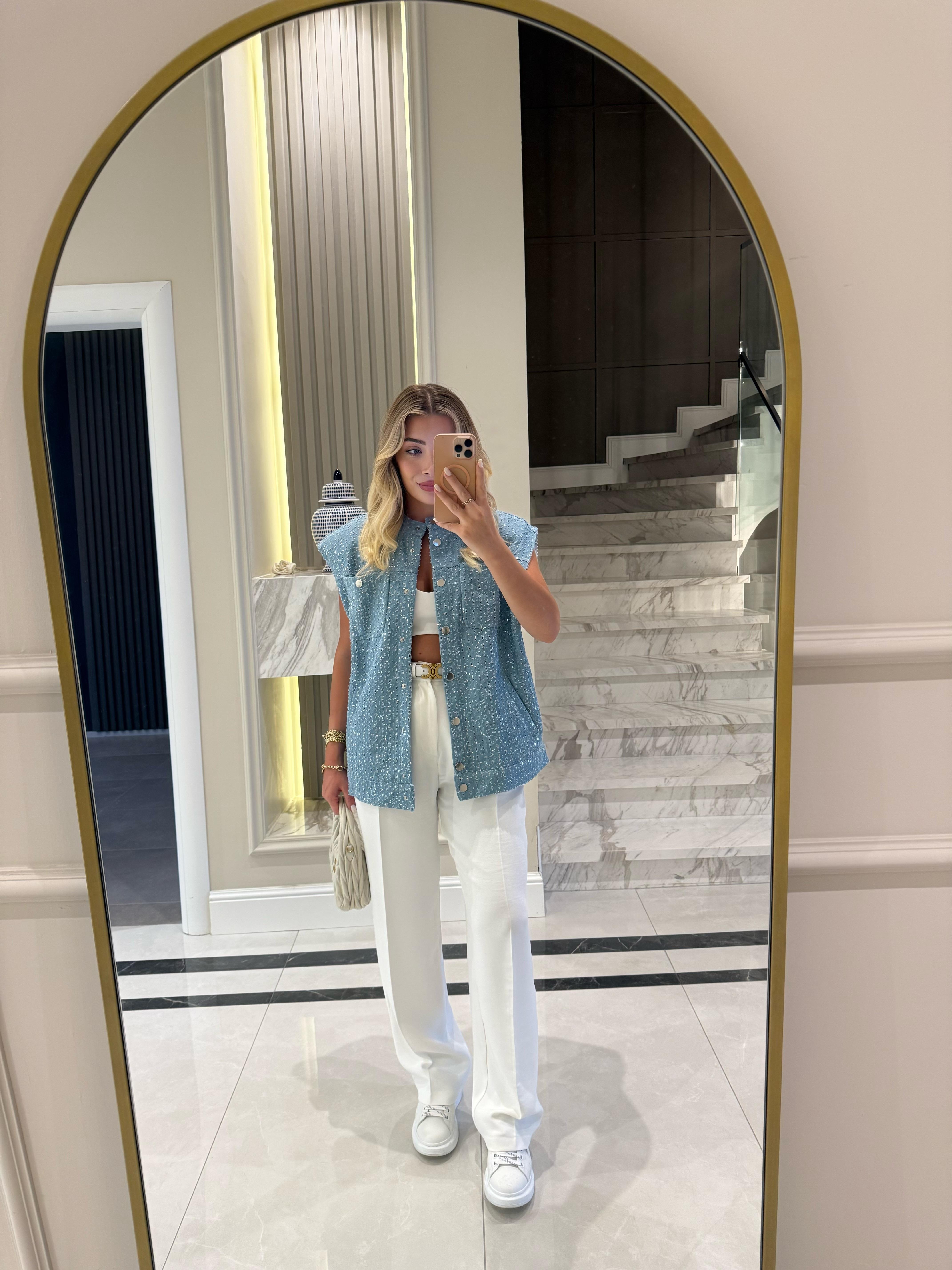 Açık Mavi Payetli Dokulu Denim Yelek