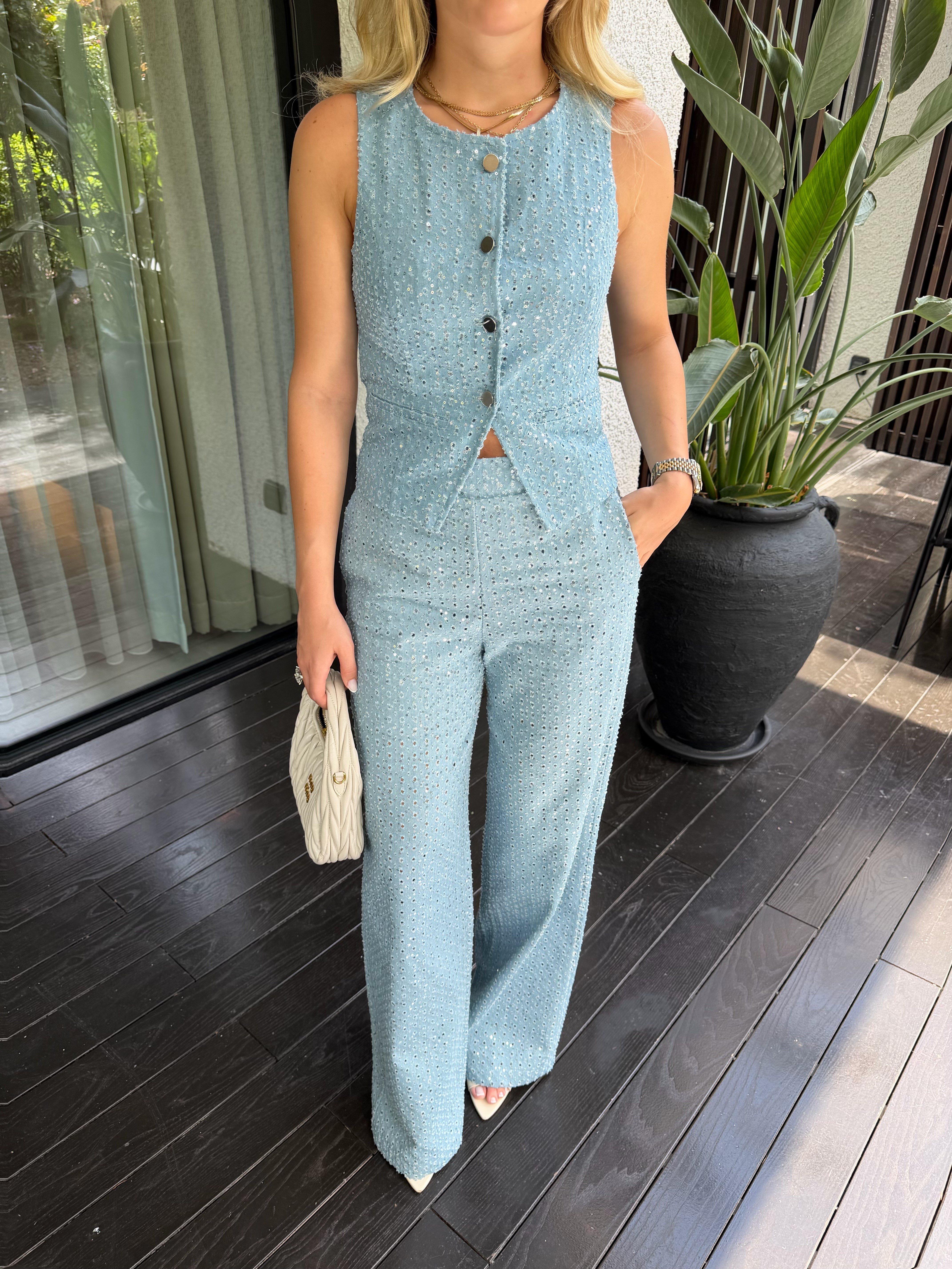 Açık Mavi Payetli Dokulu Denim Yelek - Pantolon İkili Takım 
