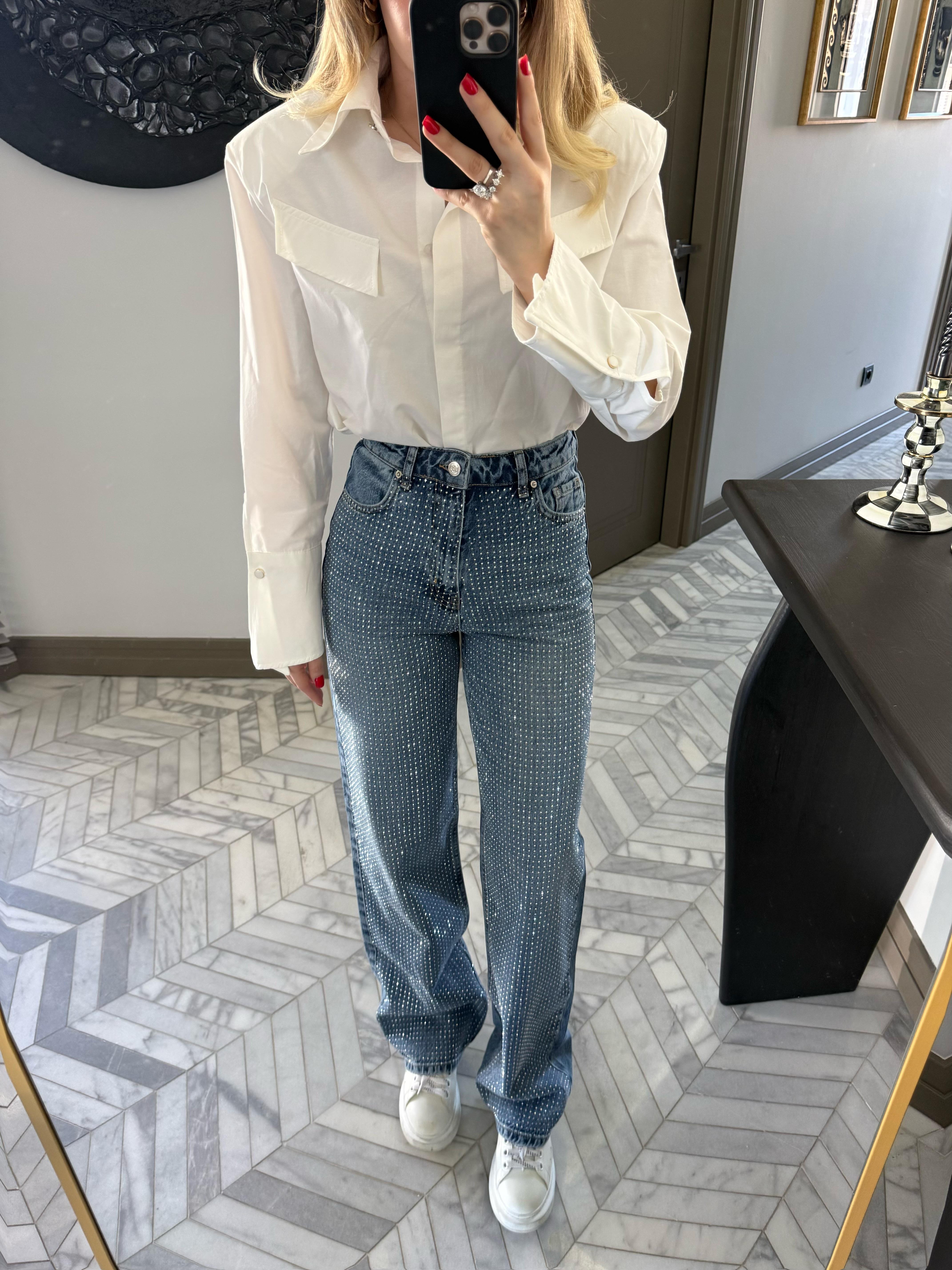 Açık Mavi Taşlı Wide Leg Jean