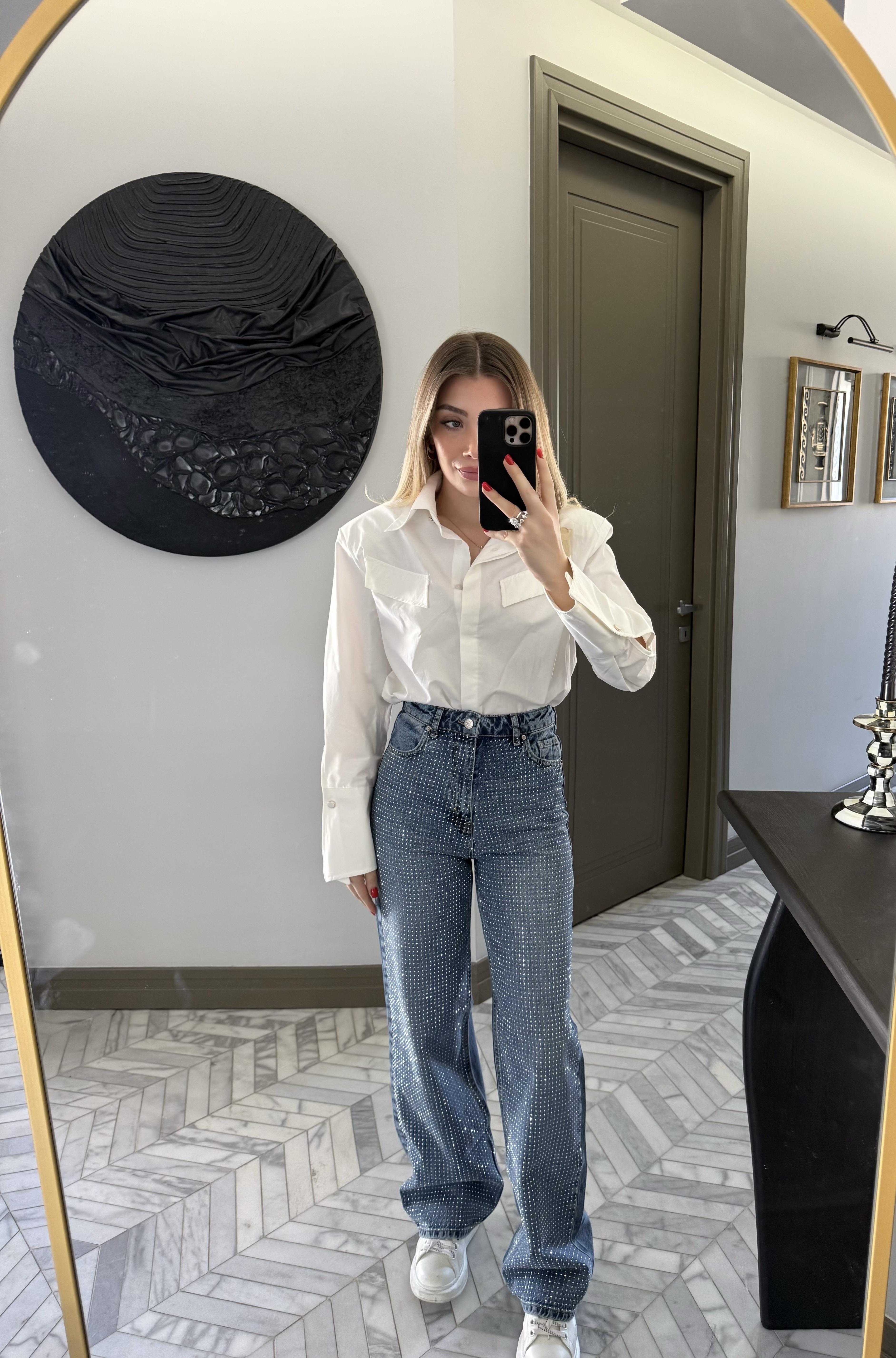 Açık Mavi Taşlı Wide Leg Jean