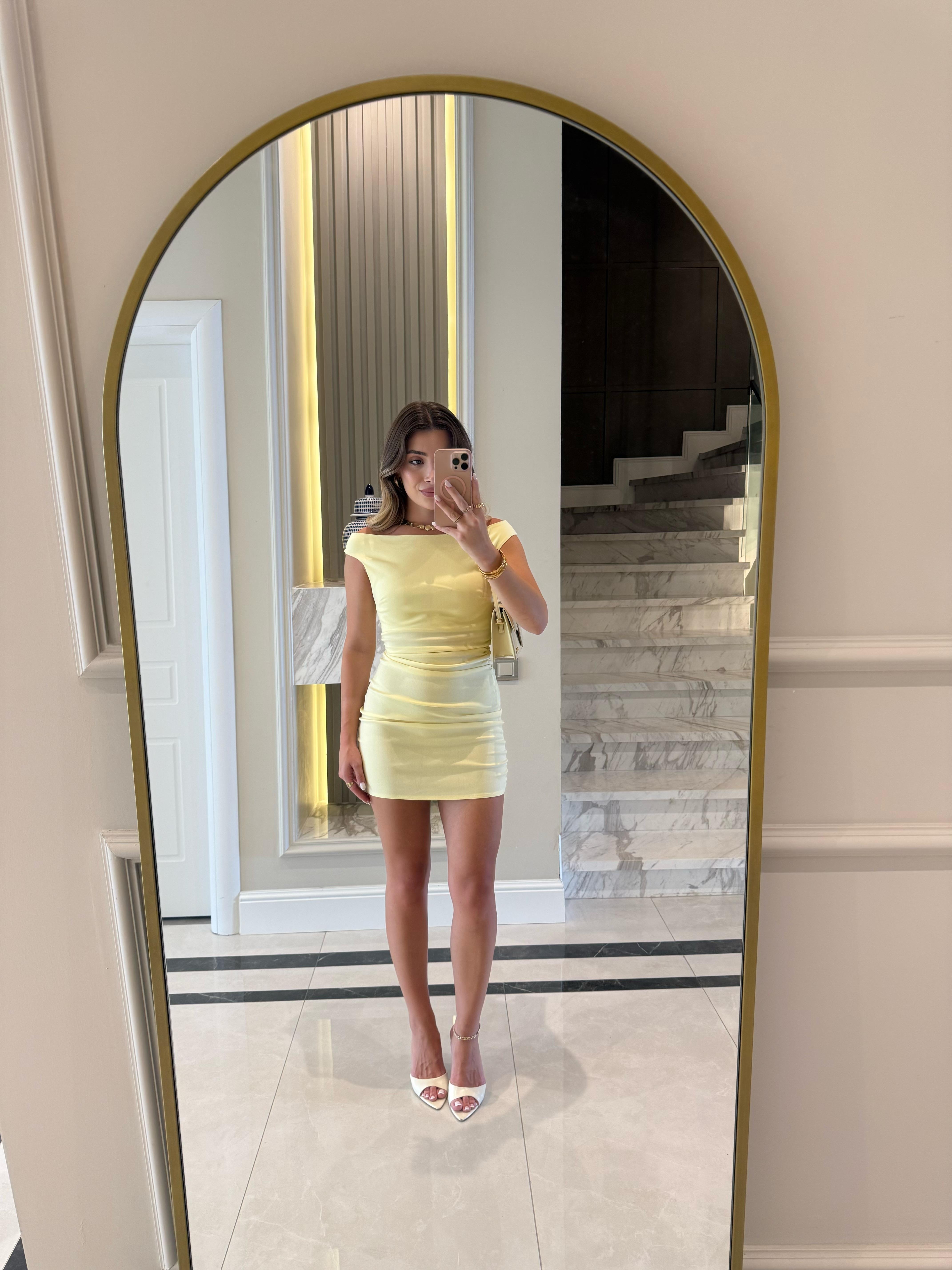 Açık Sarı Bardot Mini Elbise DLV-91462