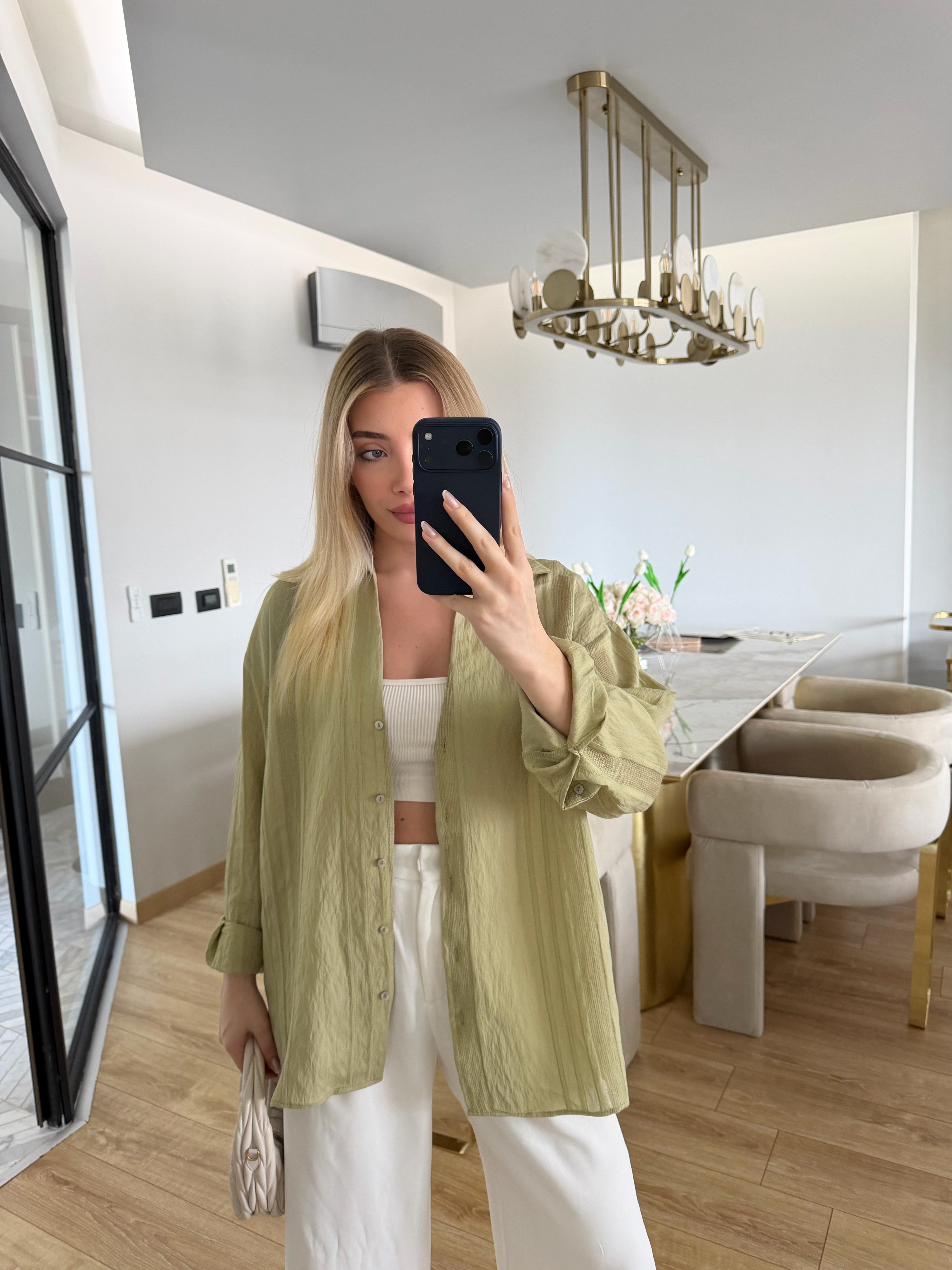 Adaçayı Yeşili Oversize Transparan Tensel Gömlek - 4914