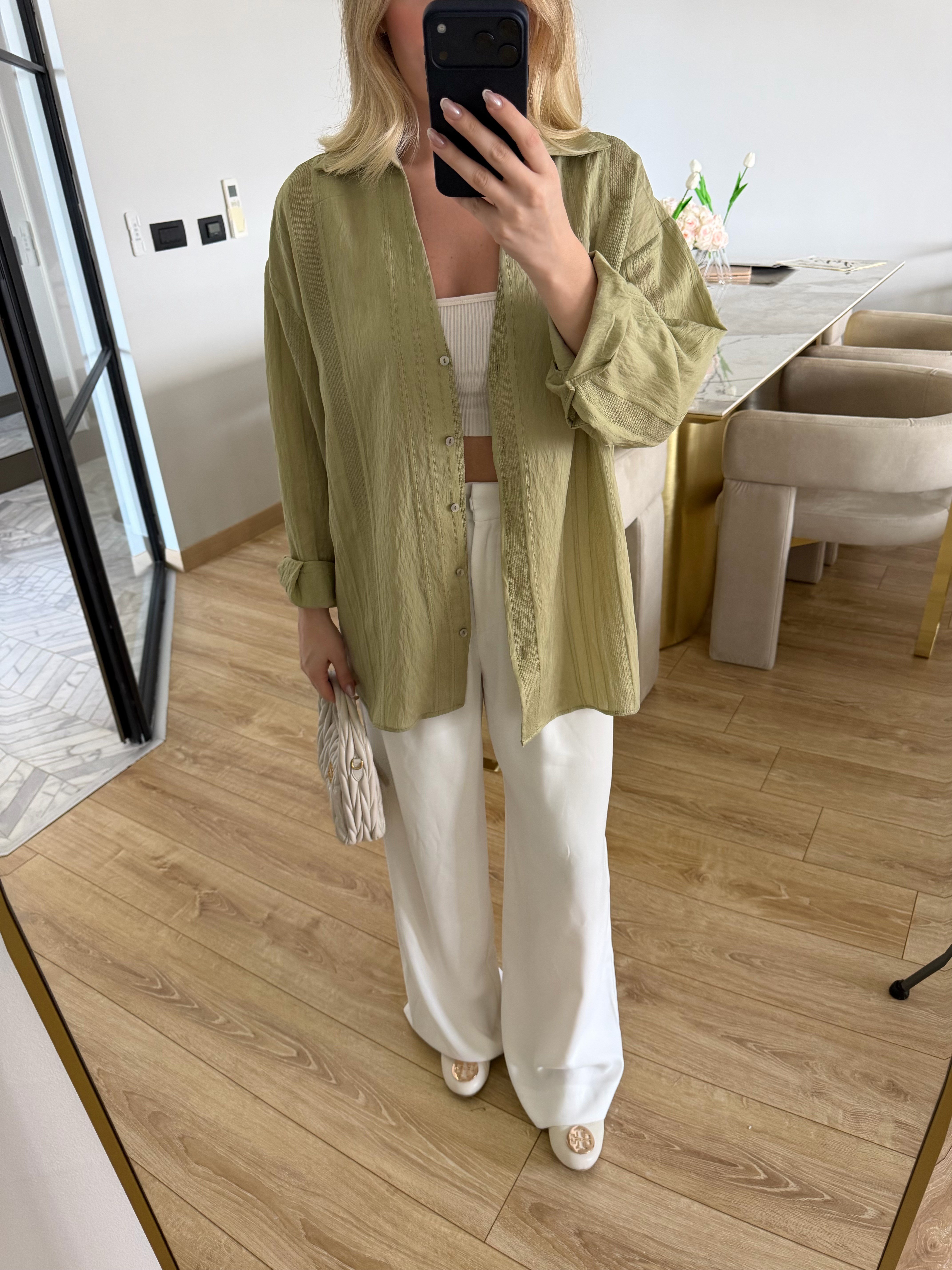 Adaçayı Yeşili Oversize Transparan Tensel Gömlek - 4914