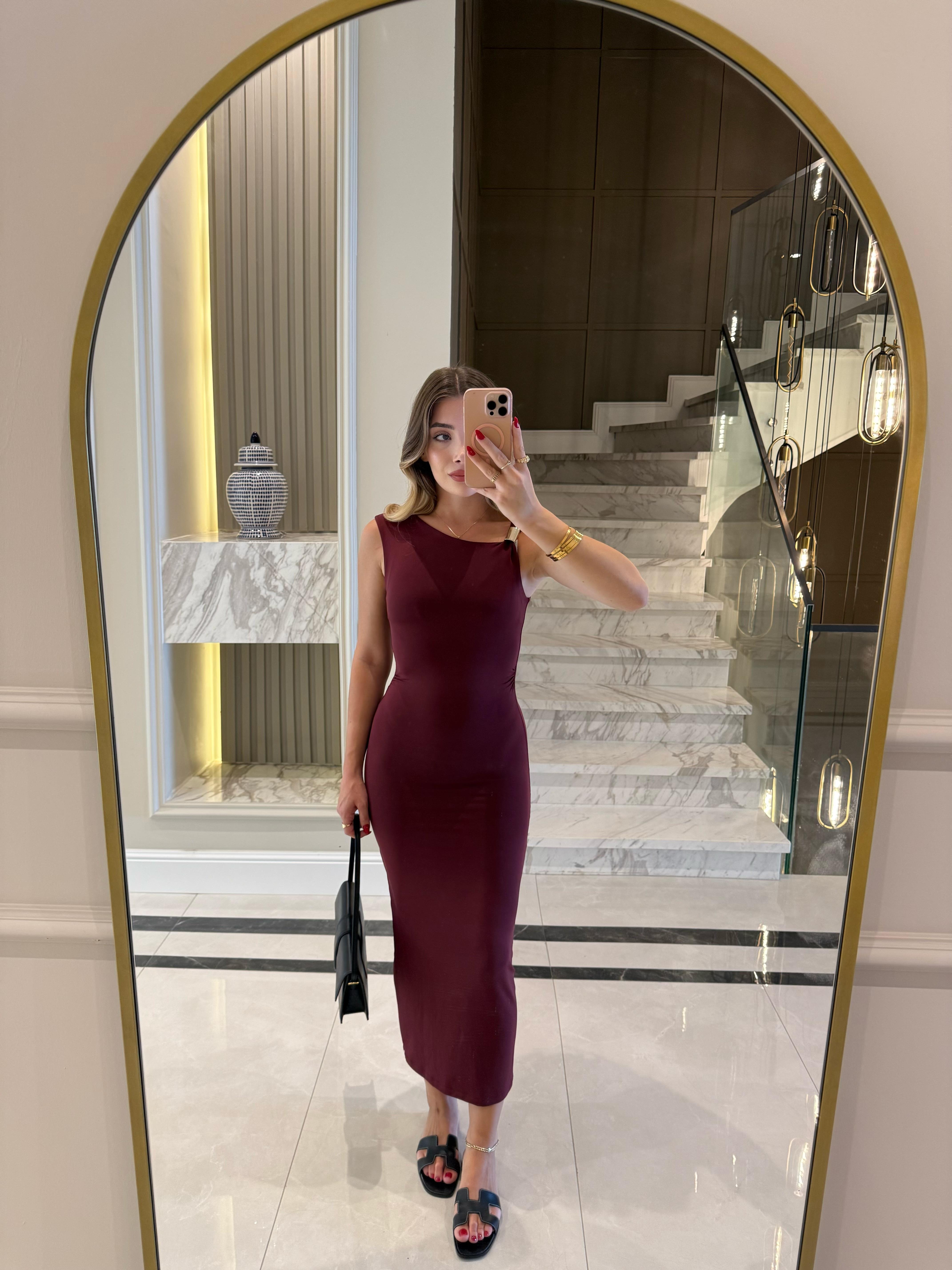 Aksesuar Detaylı Asimetrik Elbise -Bordo 