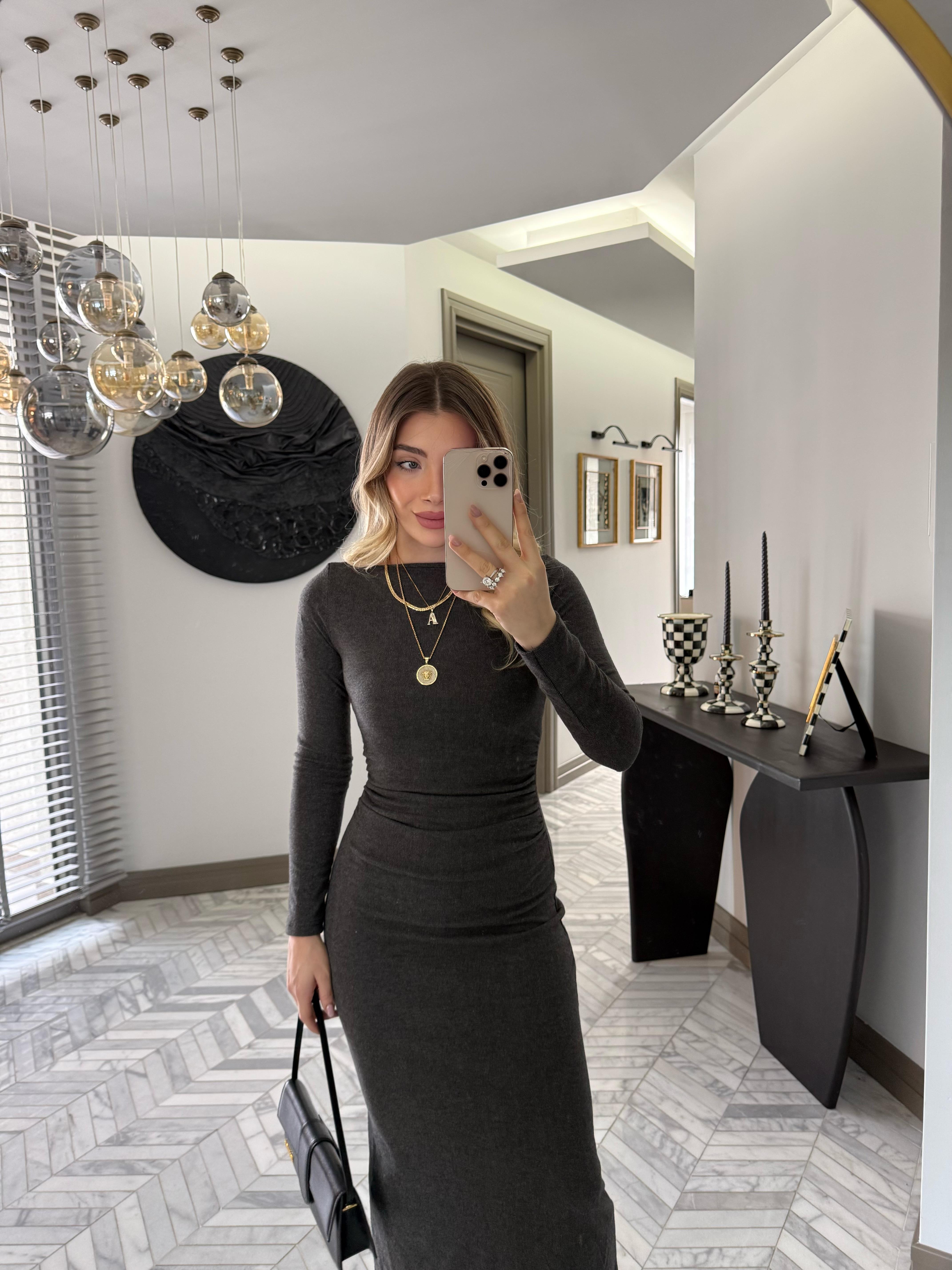 Antrasit İnce Fitilli Triko Elbise-1004