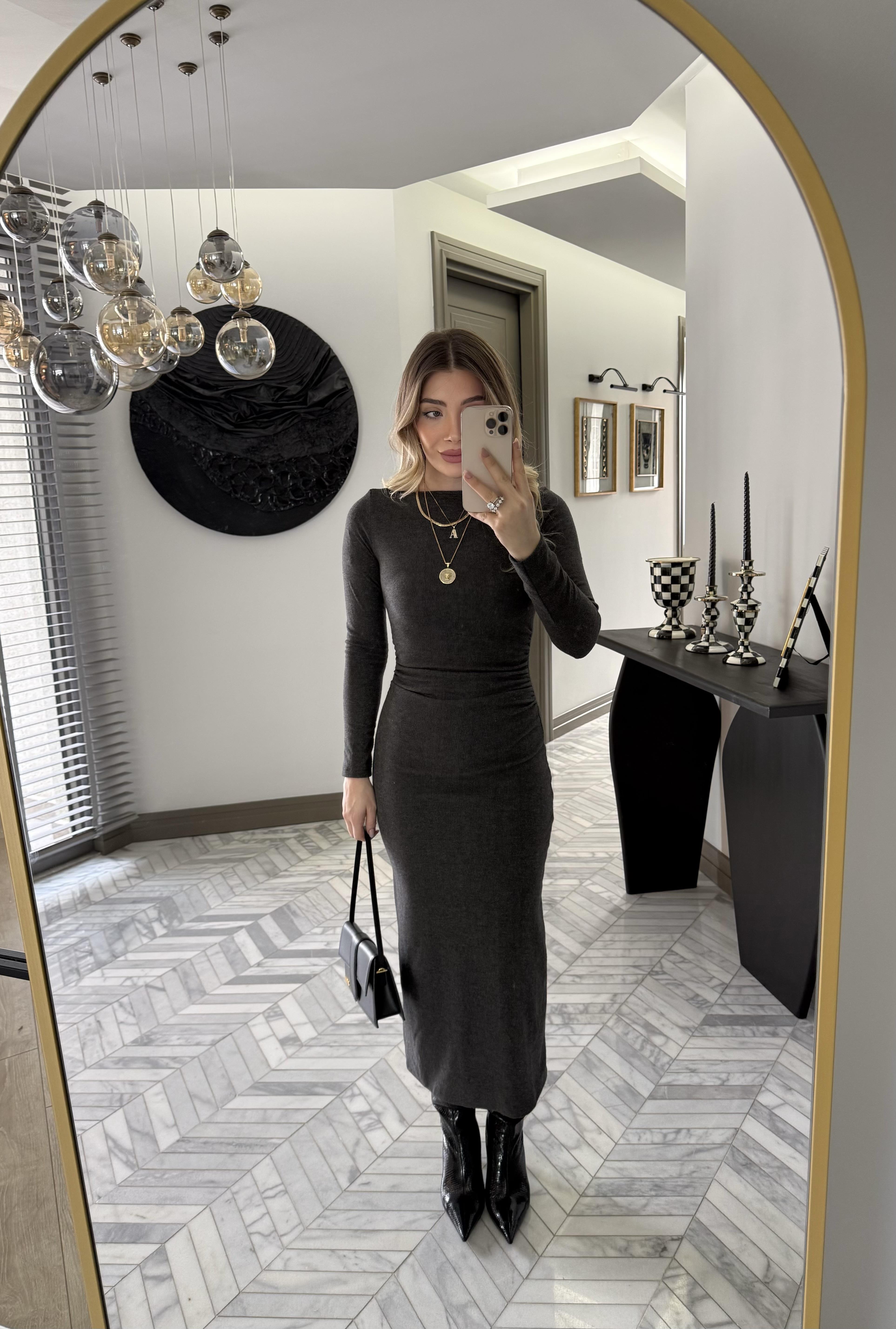 Antrasit İnce Fitilli Triko Elbise-1004