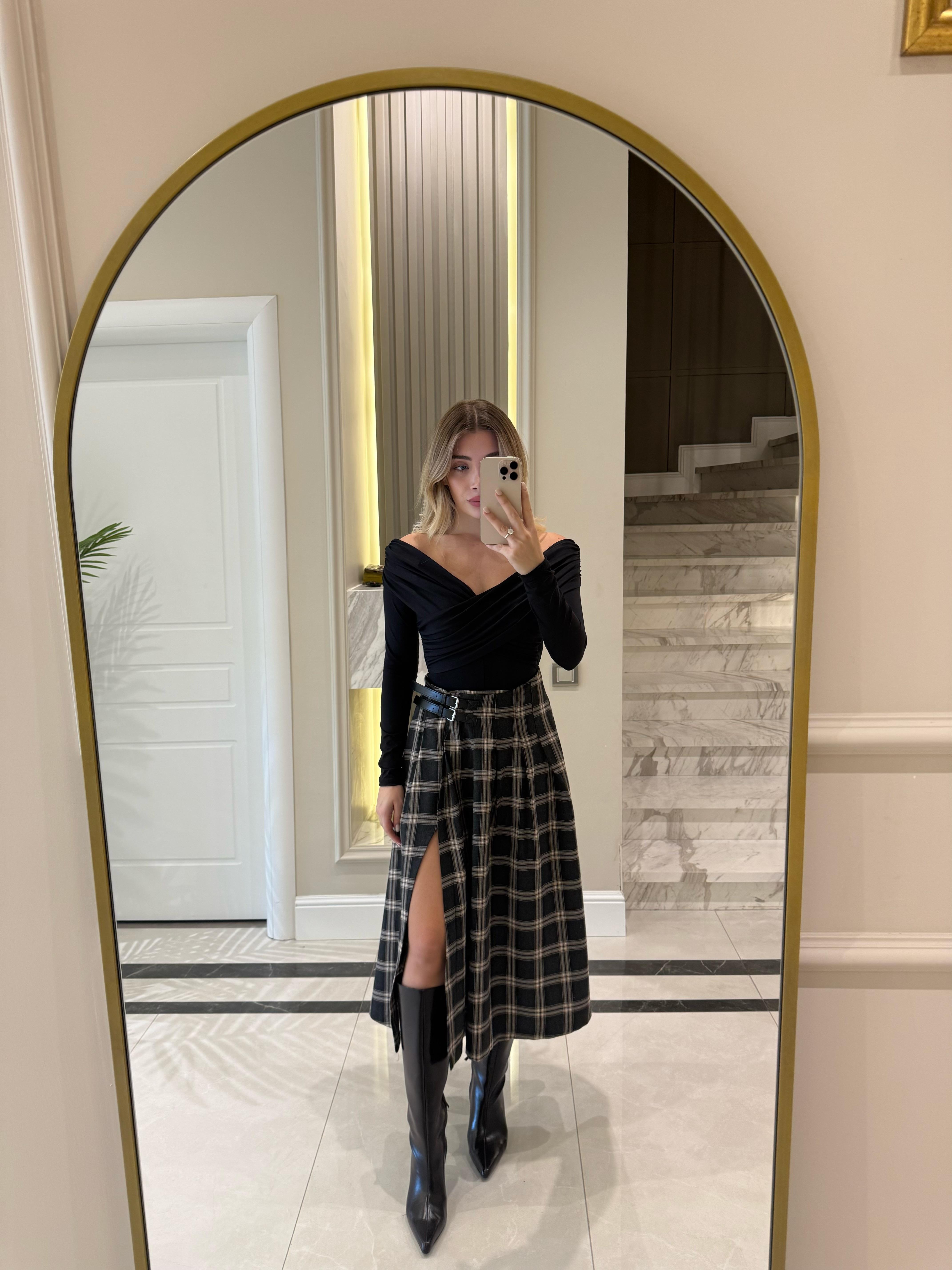 Antrasit Kemer Detaylı Ekose Desenli Etek 